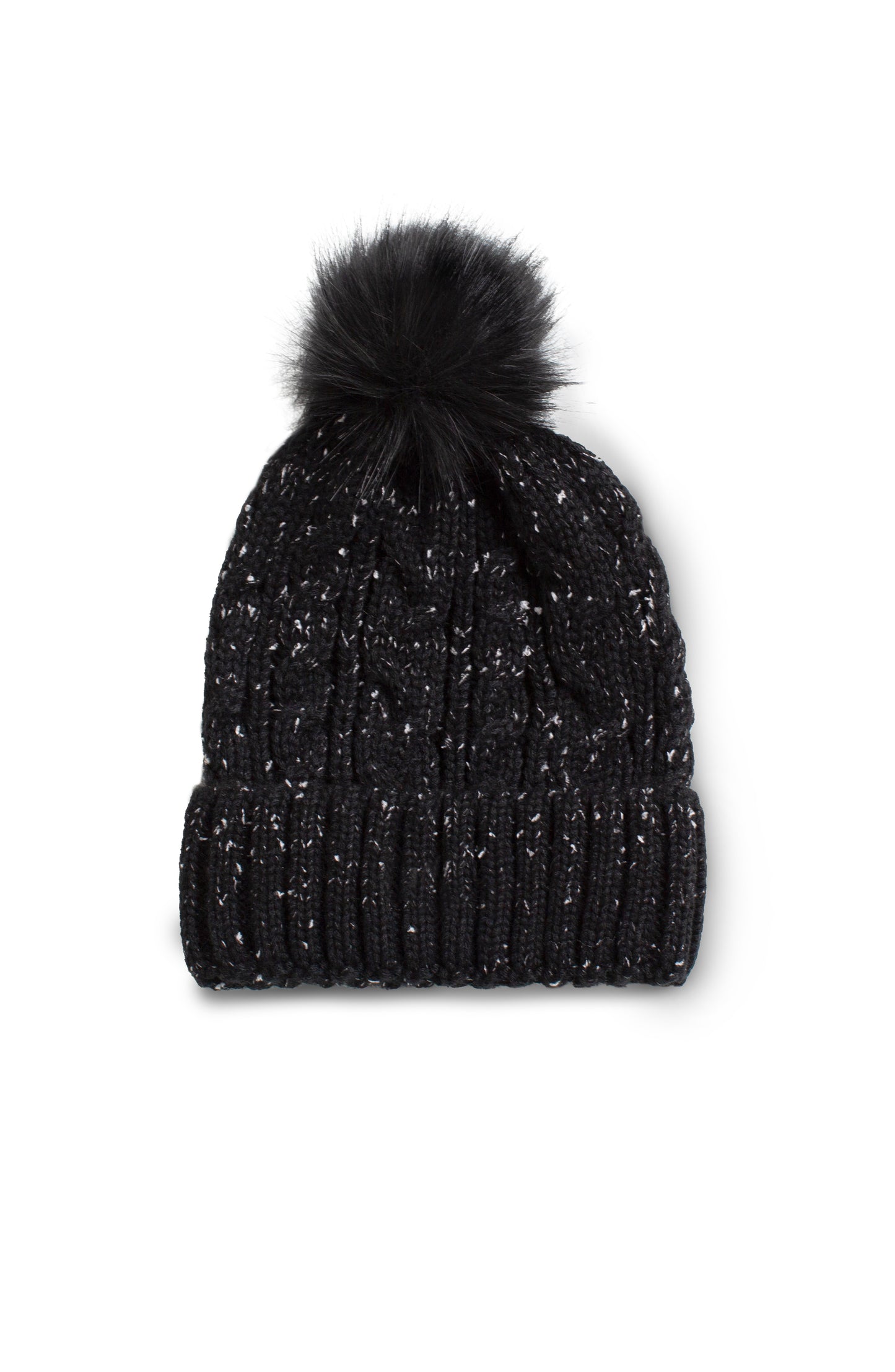 Liverpool Cable Knit Beanie w/ Fax Fur Pouf (Black w/ White Flakes)