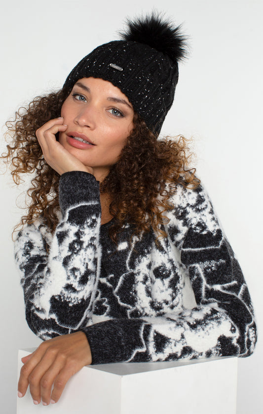 Liverpool Cable Knit Beanie w/ Fax Fur Pouf (Black w/ White Flakes)