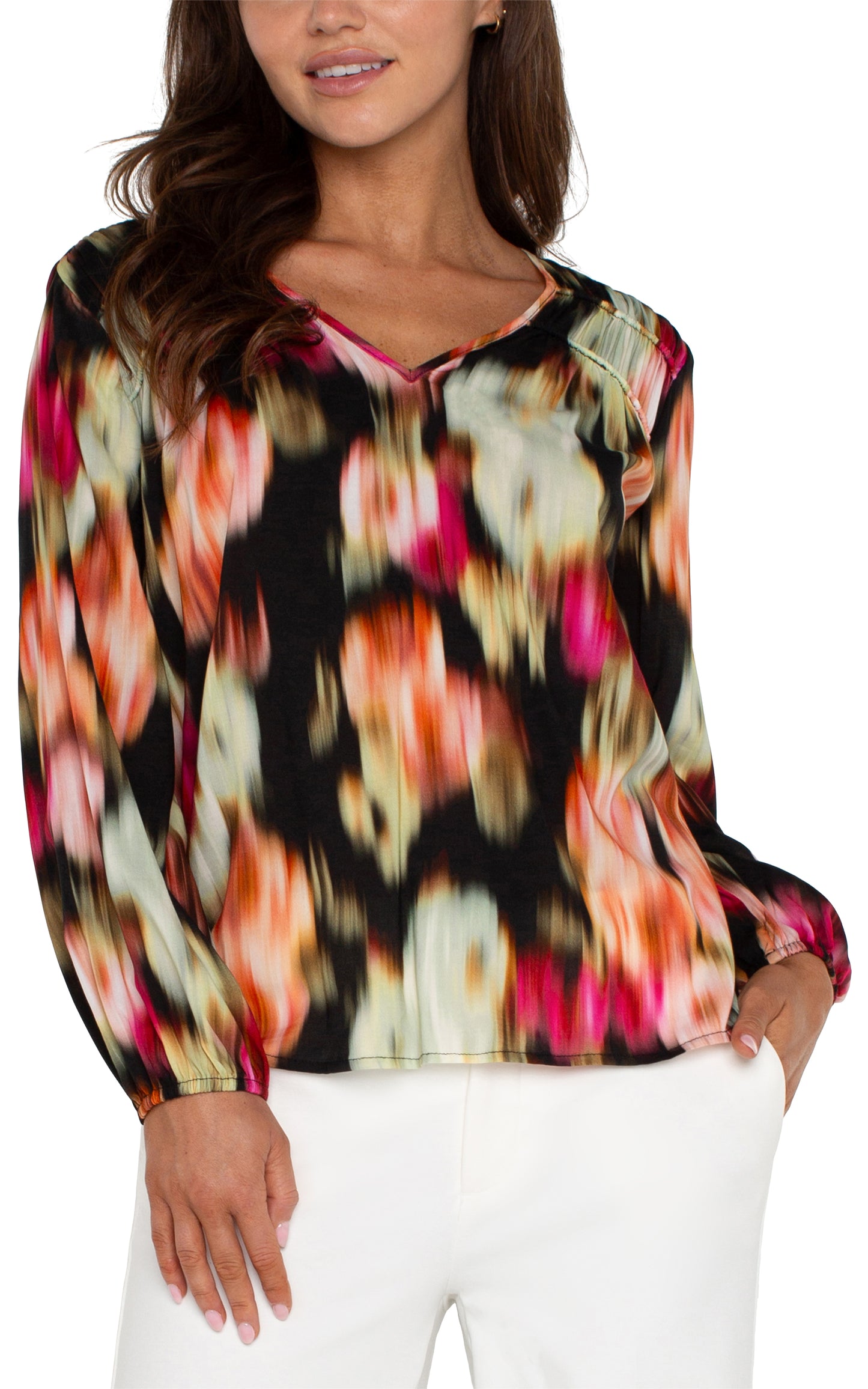 Liverpool Long Sleeve V Neck Woven Blouse w/ Shirring (Star Ruby Floral)