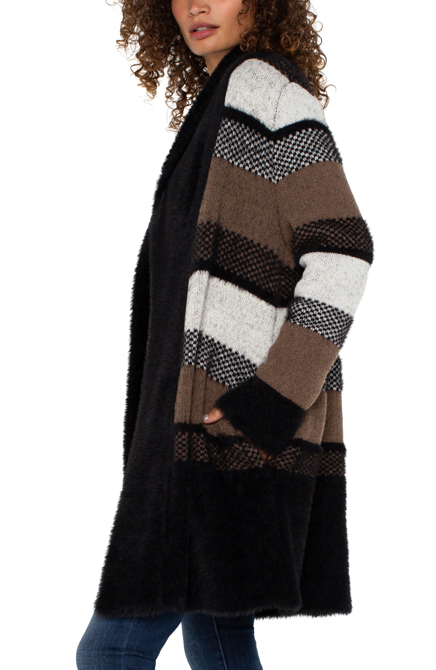 Liverpool Long Sleeve Open Front Shawl Sweater Coat (Black/Tan Multi Colorblock)