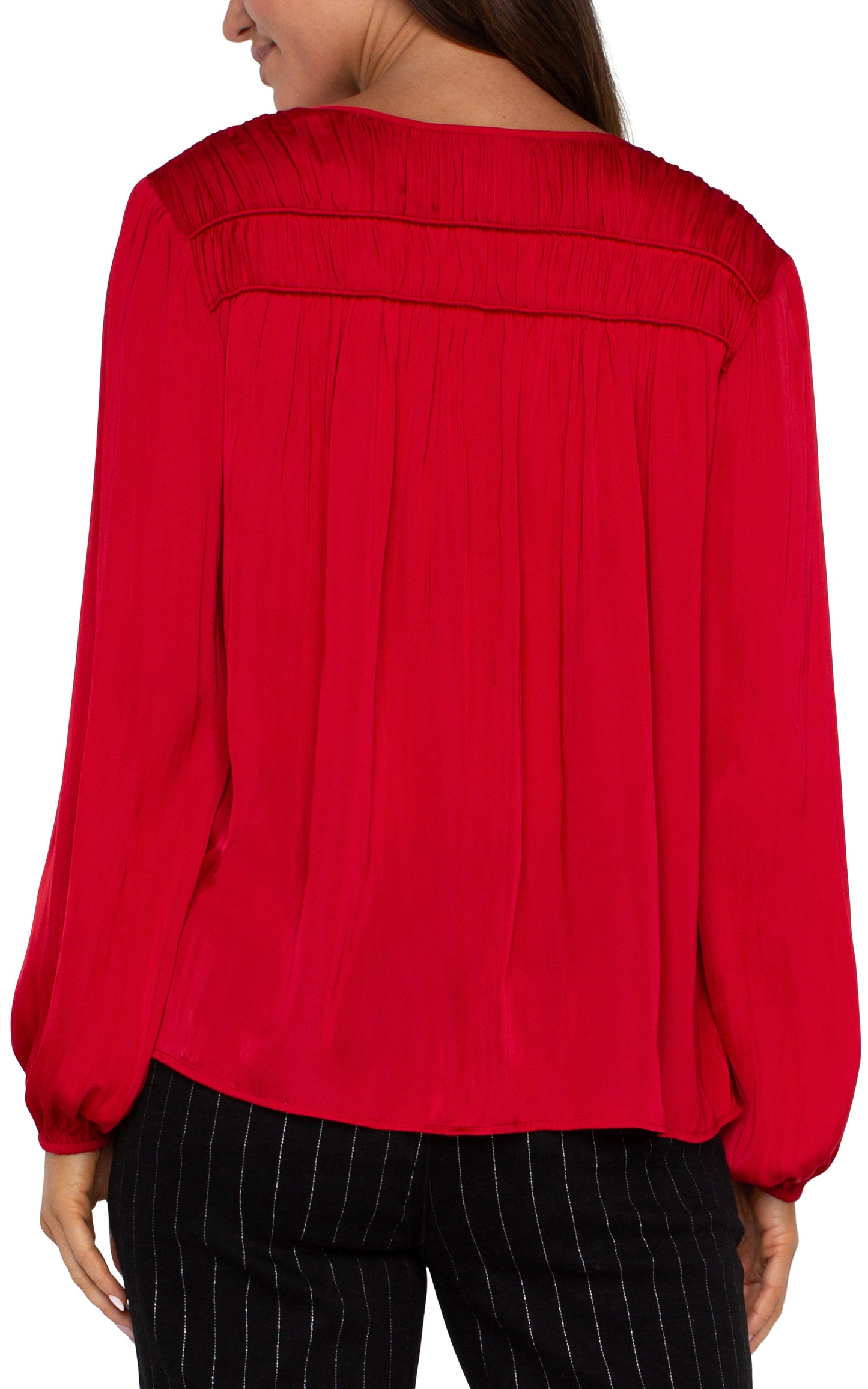 Liverpool Long Sleeve V Neck Woven Blouse w/ Shirring (Tango Red)