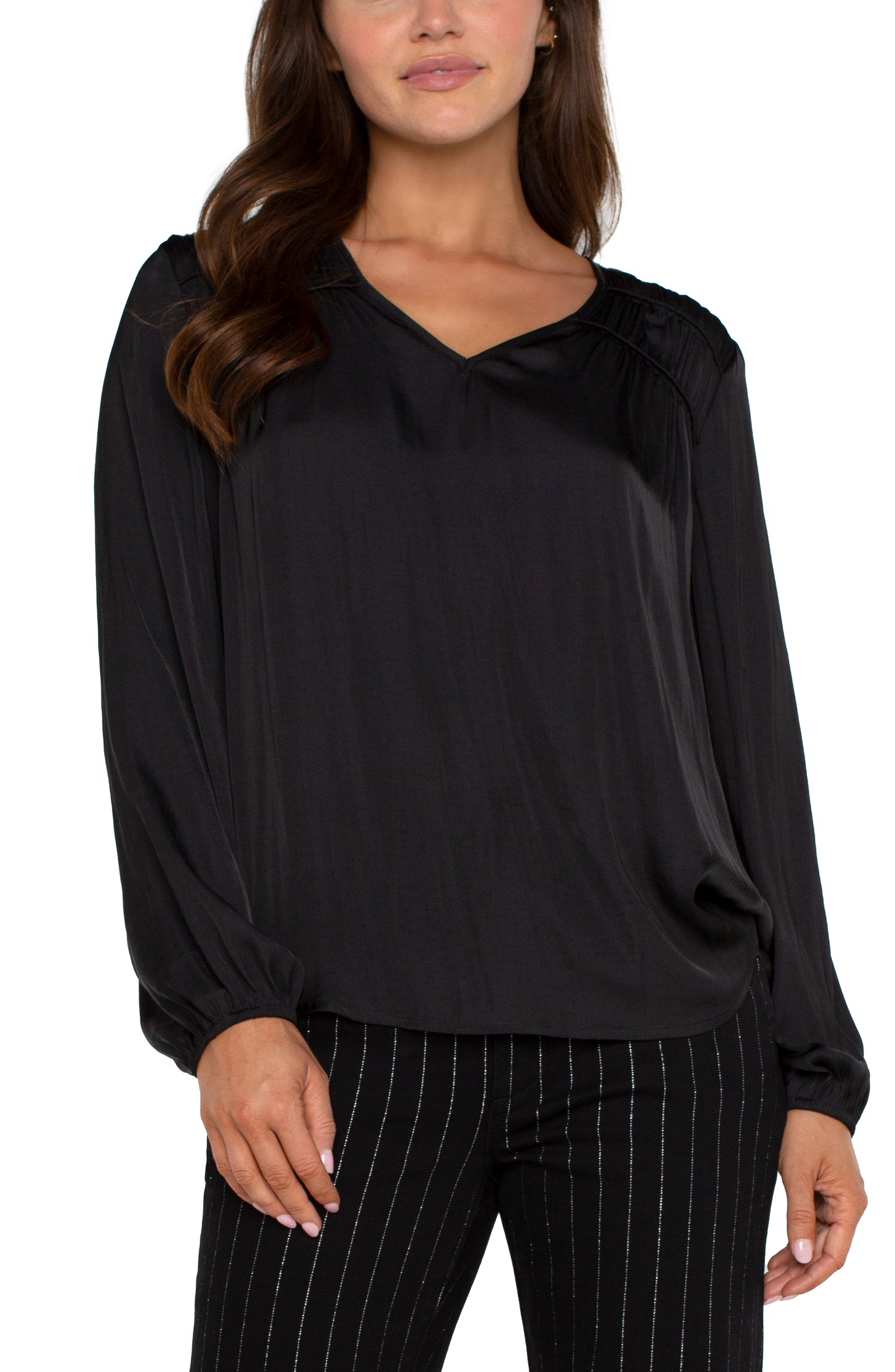 Liverpool Long Sleeve V Neck Woven Blouse w/ Shirring (Black)