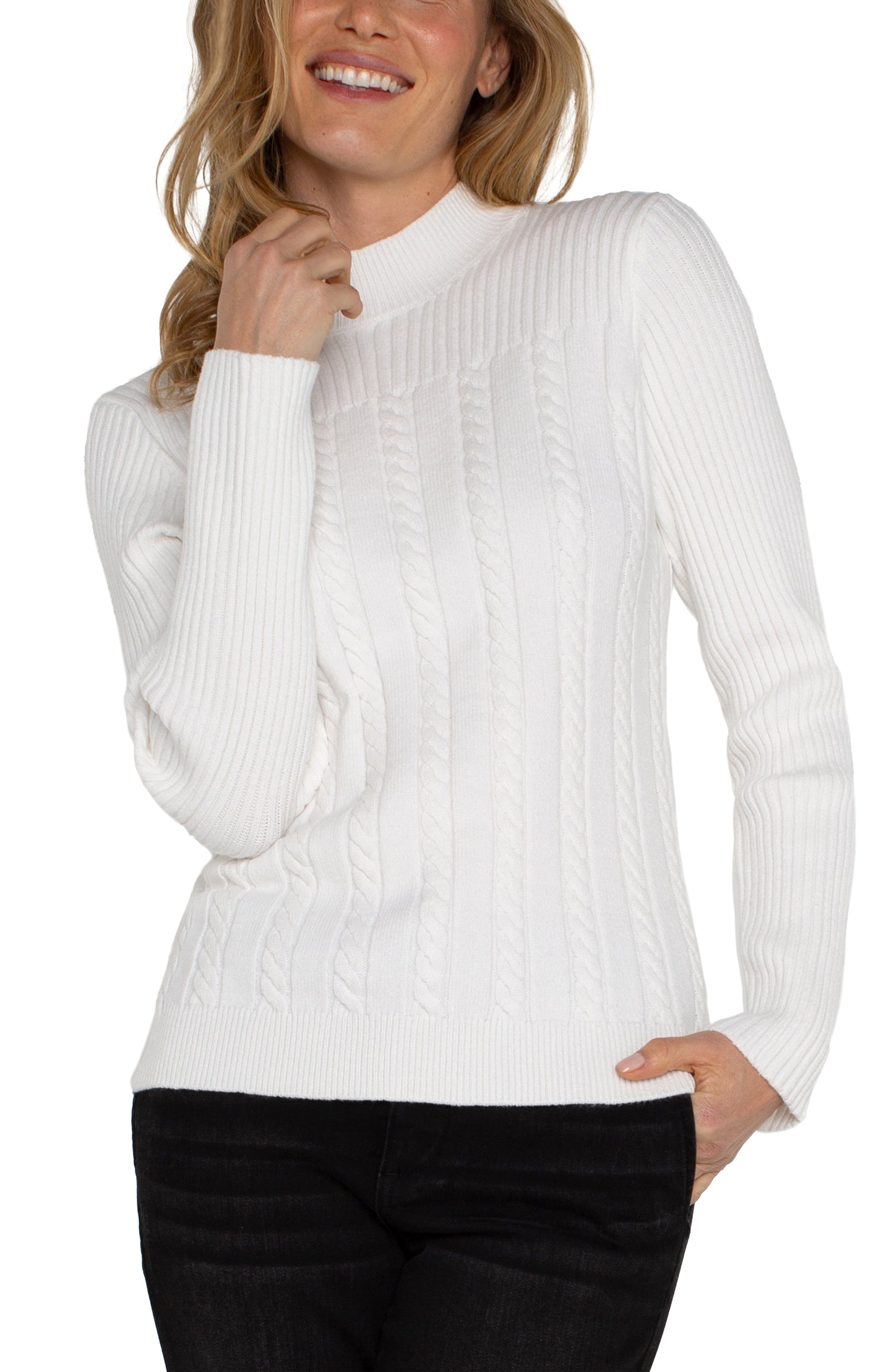 Liverpool Long Sleeve Mock Neck Cable Sweater (Porcelain)