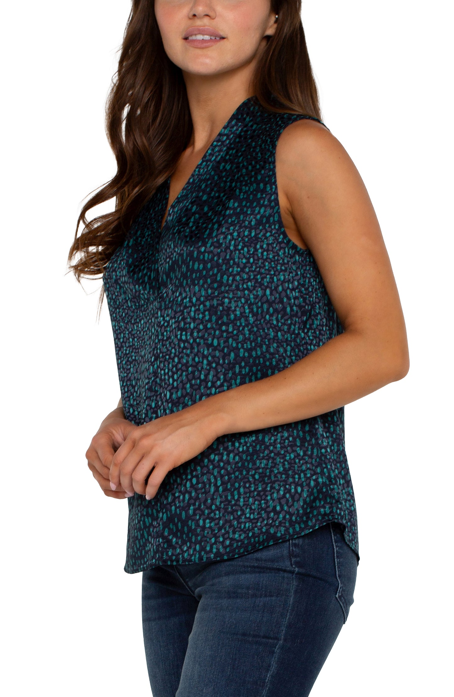 Liverpool Sleeveless Pleated Neck Woven Blouse (Navy Malachite Dot)