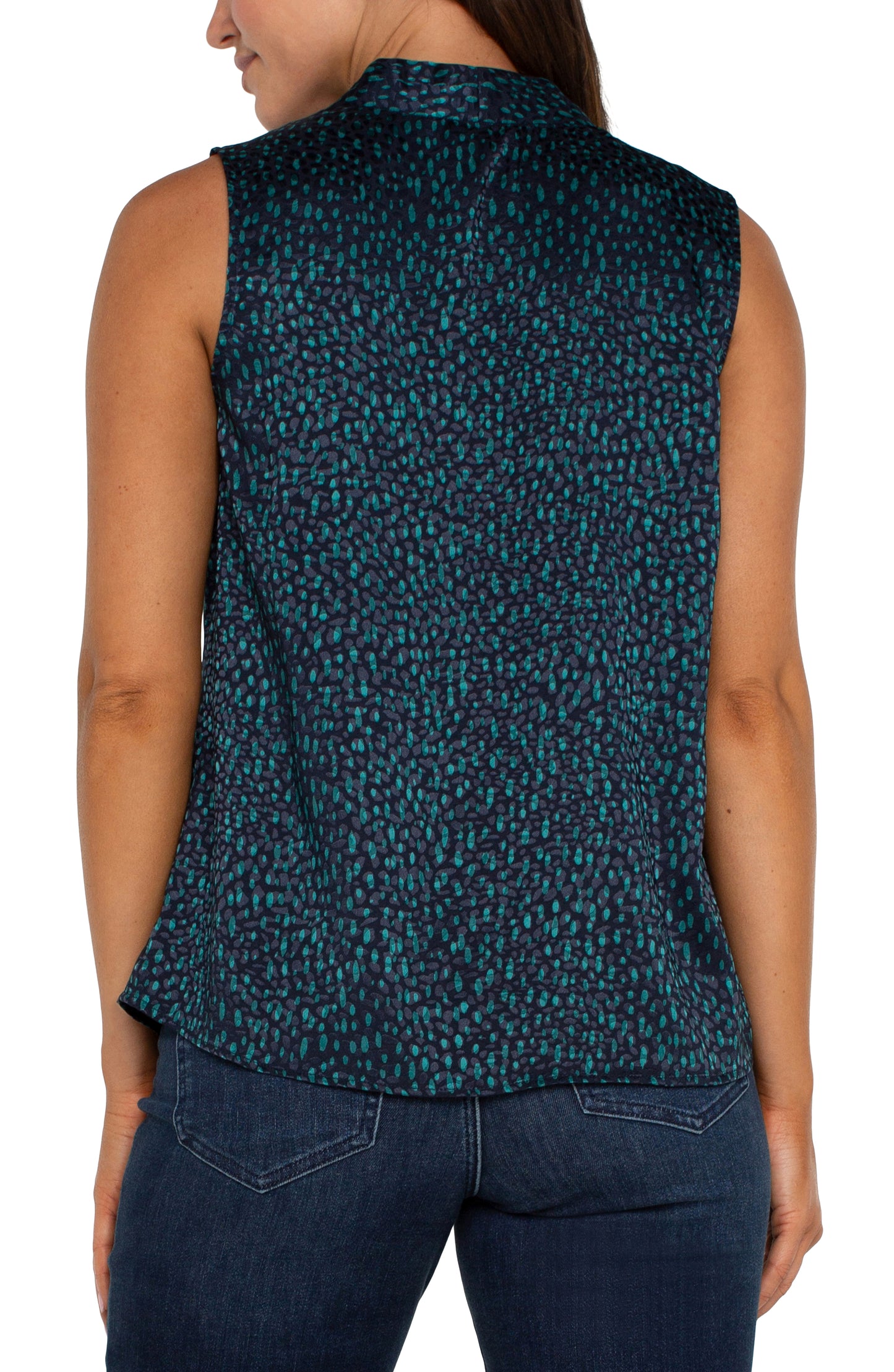 Liverpool Sleeveless Pleated Neck Woven Blouse (Navy Malachite Dot)