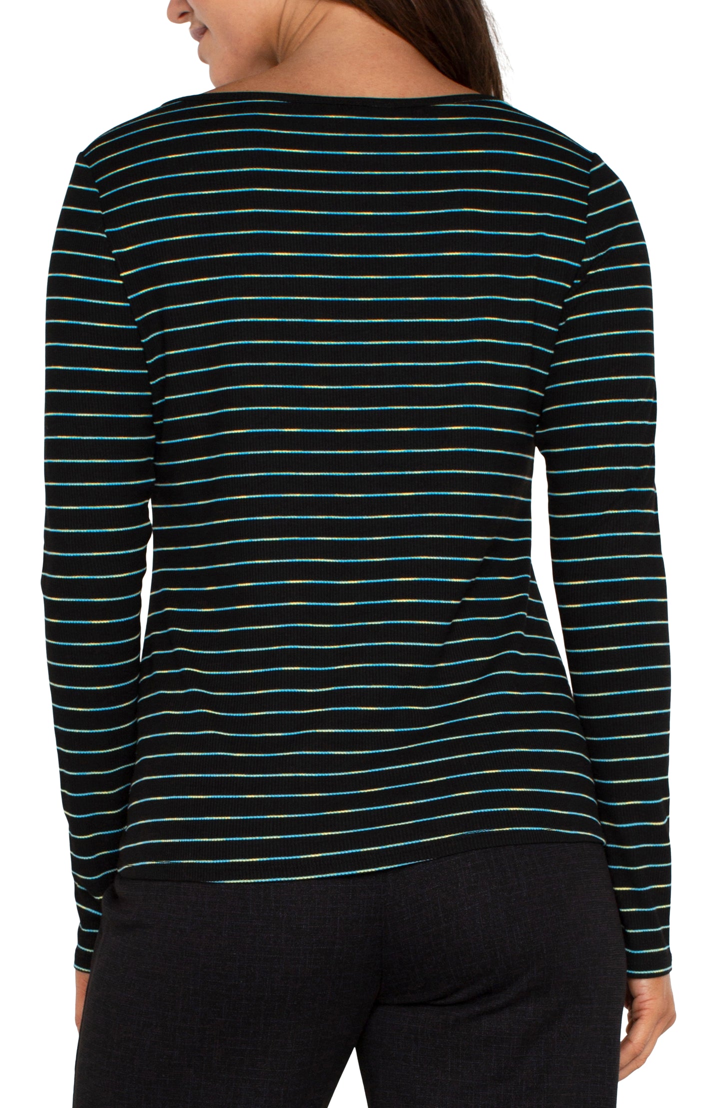 Liverpool Long Sleeve Boat Neck Knit Top w/ Miter Front (Malachite Stripe)