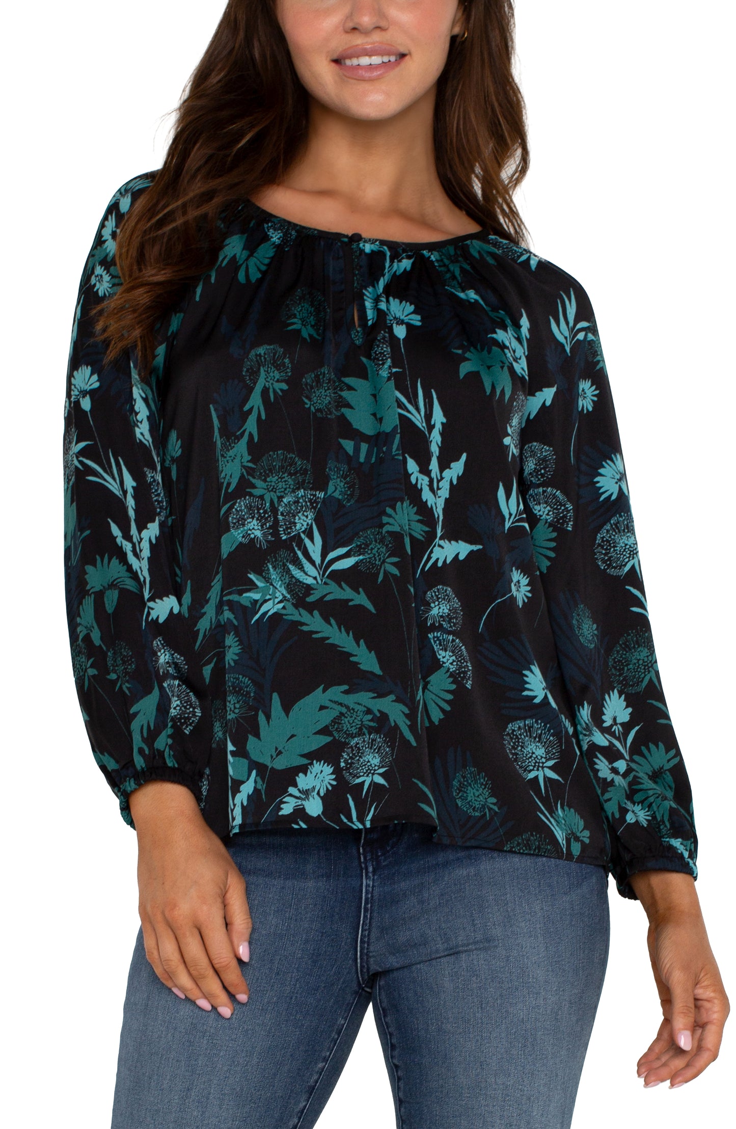 Liverpool Long Sleeve Shirred Woven Blouse (Malachite Foliage)