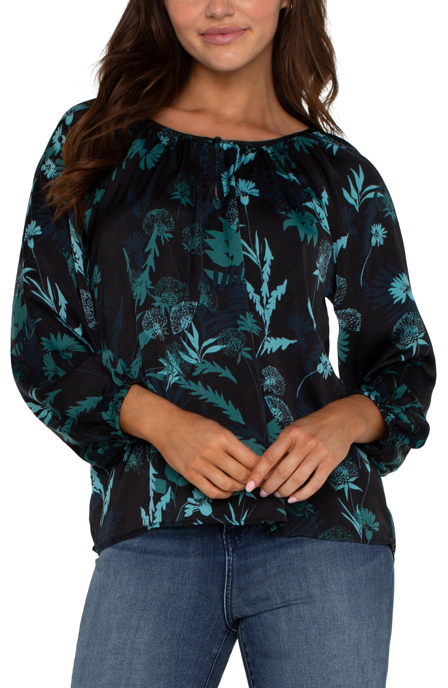 Liverpool Long Sleeve Shirred Woven Blouse (Malachite Foliage)