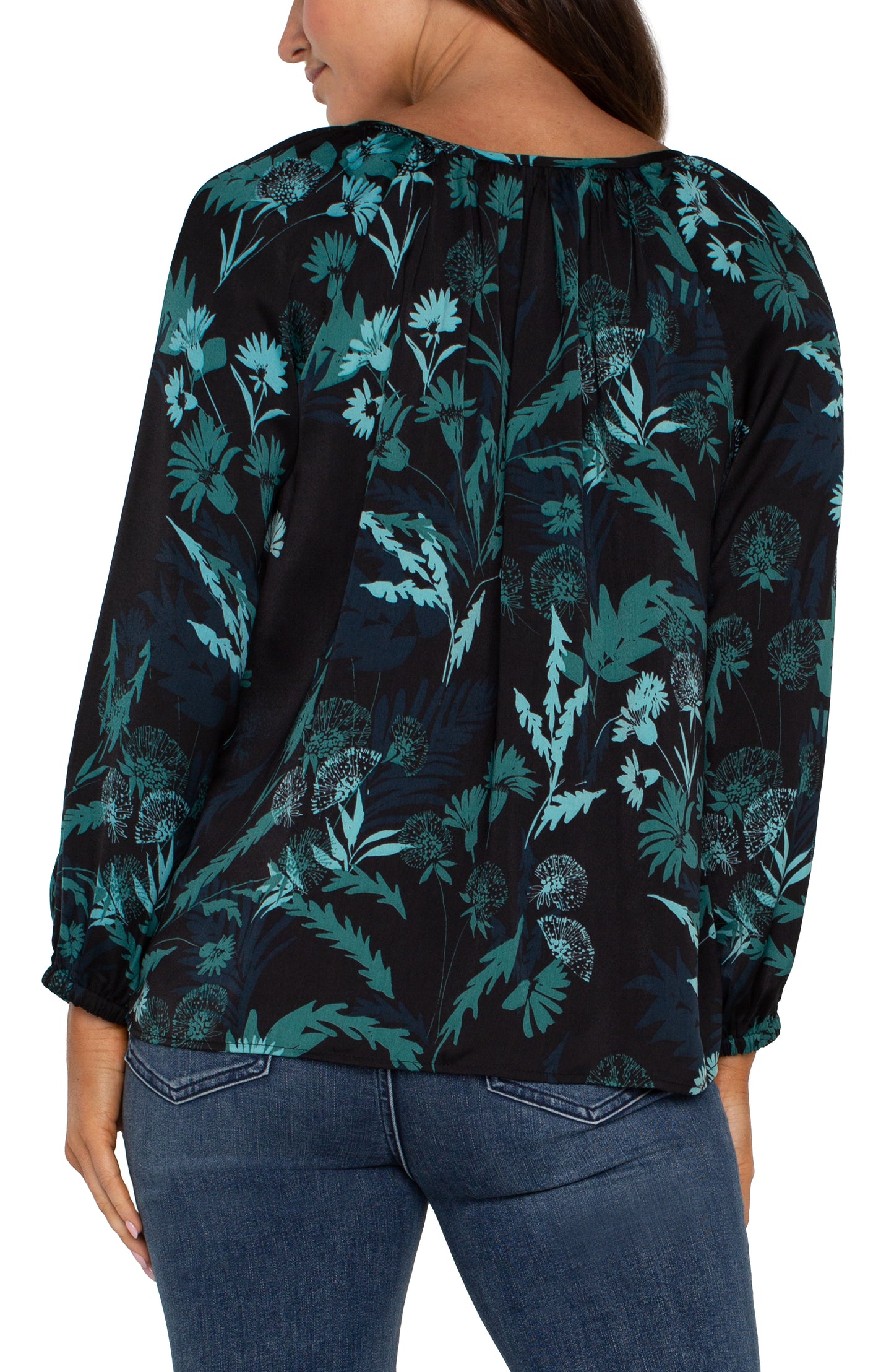 Liverpool Long Sleeve Shirred Woven Blouse (Malachite Foliage)