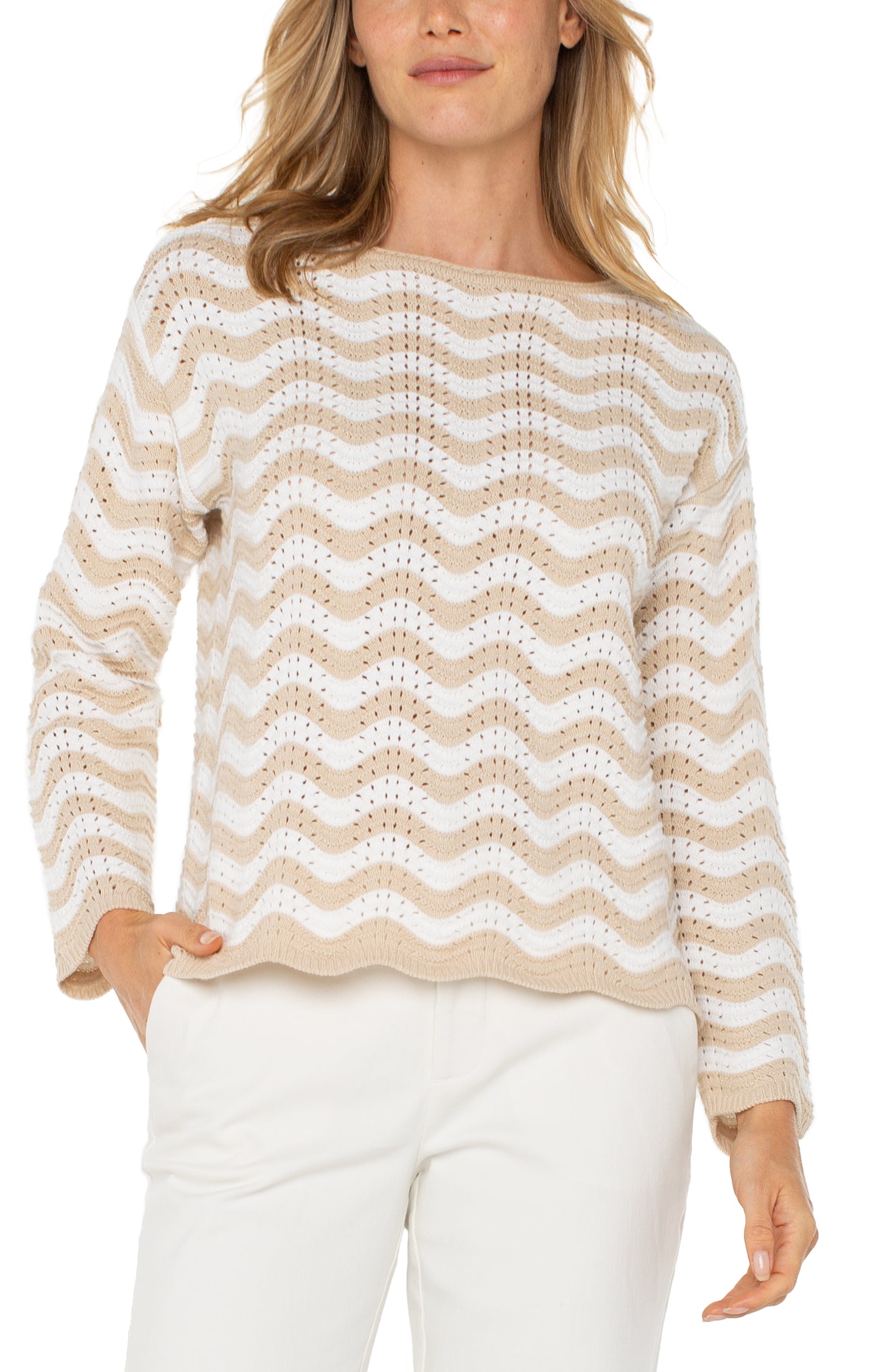 Liverpool Long Sleeve Boat Neck Scallop Hem Sweater (Tan Ivory Stripe)