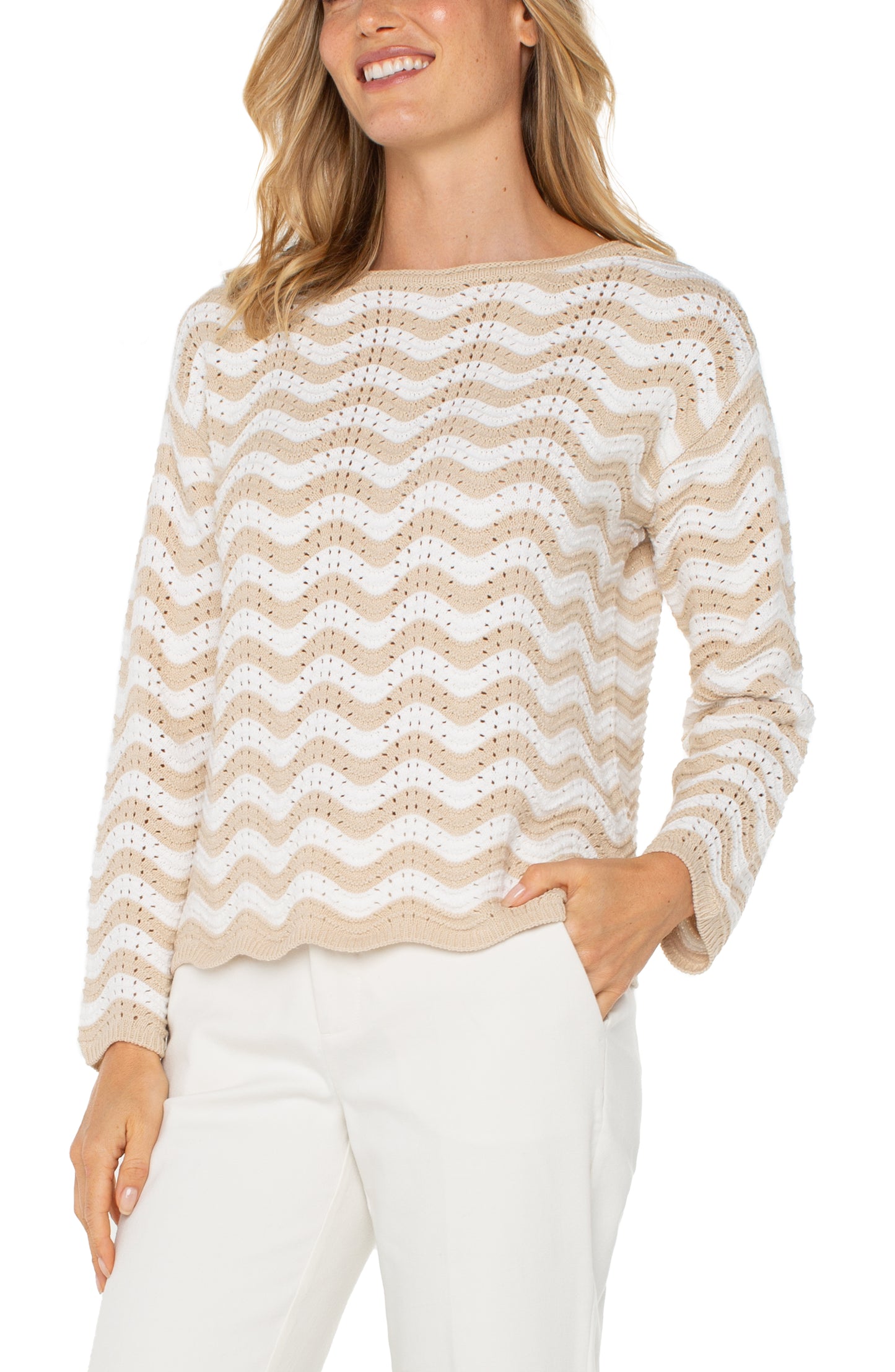 Liverpool Long Sleeve Boat Neck Scallop Hem Sweater (Tan Ivory Stripe)