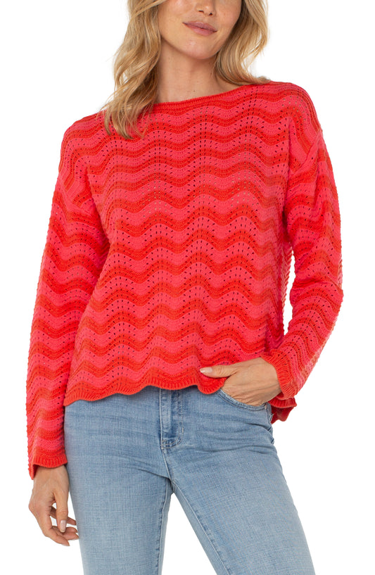 Liverpool Long Sleeve Boat Neck Scallop Hem Sweater (Pink/Red Stripe)