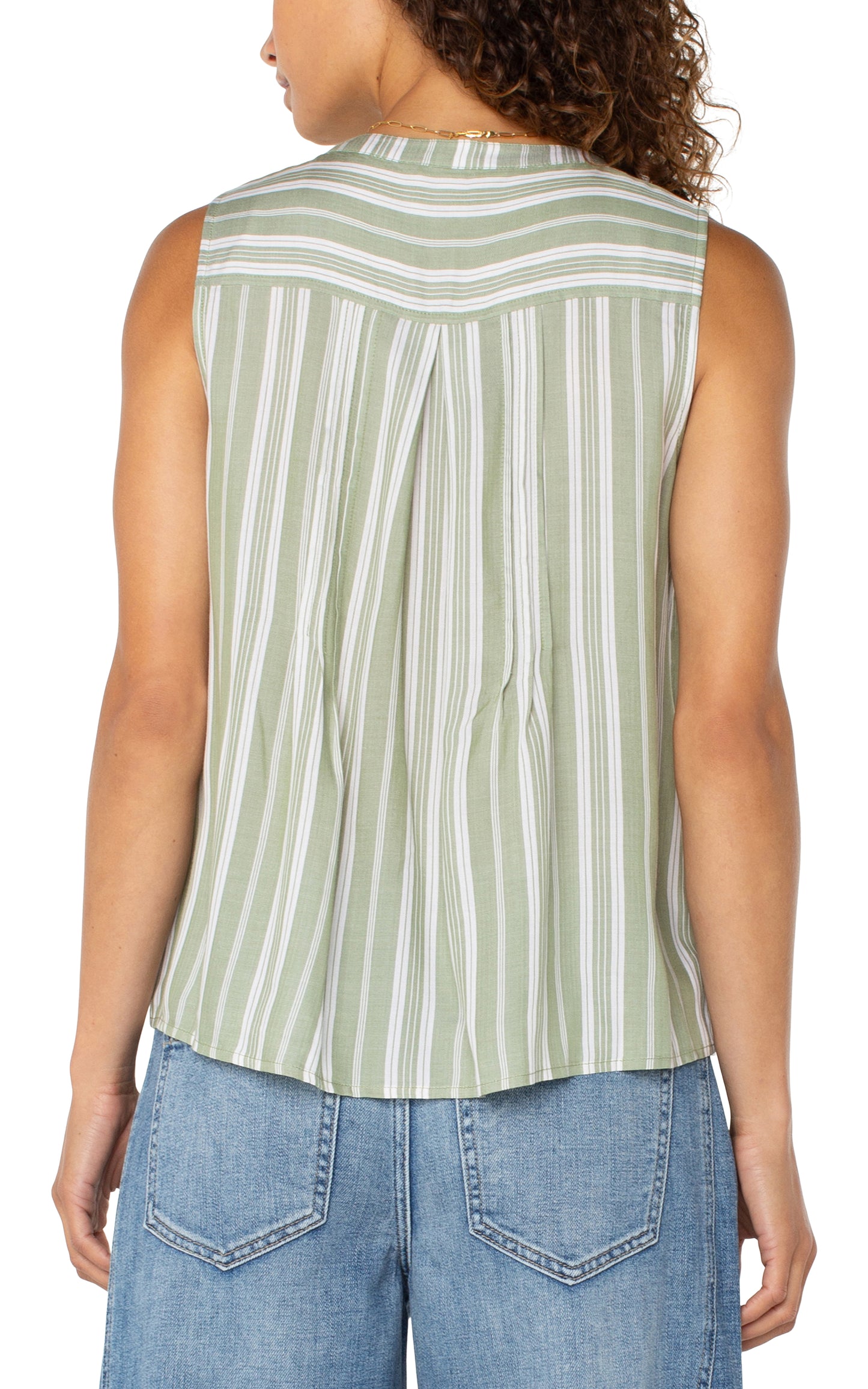 Liverpool Sleeveless Popover Button Front Woven with Pintucks (Green White Stripe)