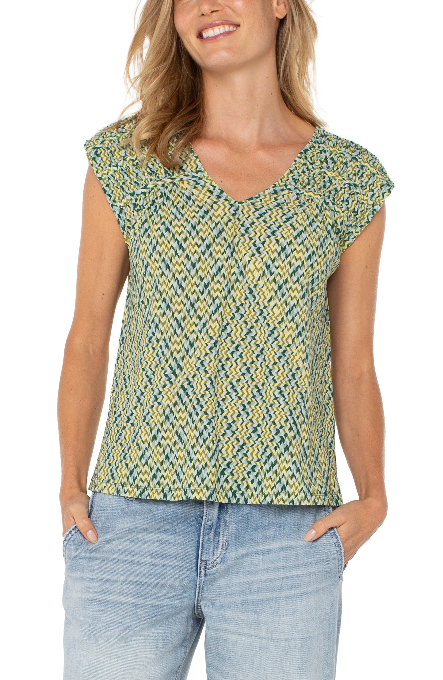 Liverpool Short Sleeve Dolman Tie Back Knit Top (Green Mint Chevron)