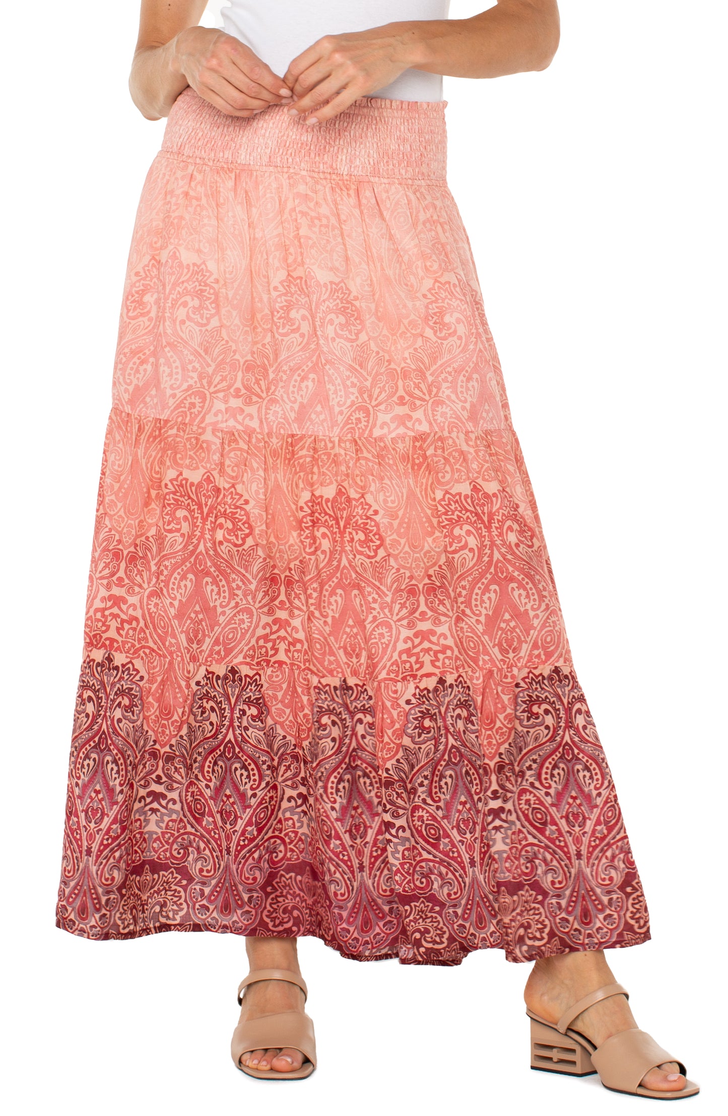 Liverpool Tiered Woven Maxi Skirt with Smocked Waist (Mauve Ombre Paisley)