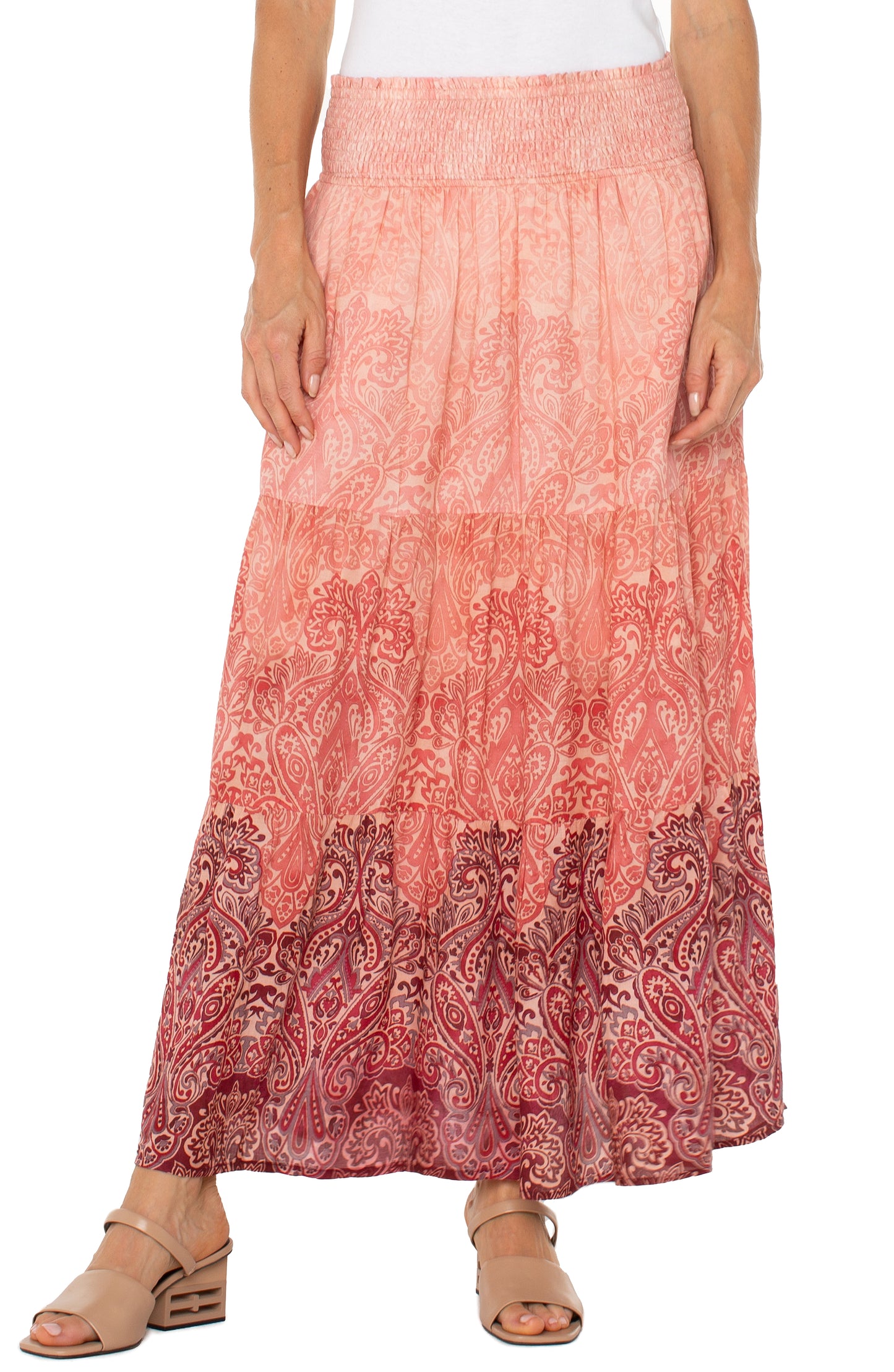 Liverpool Tiered Woven Maxi Skirt with Smocked Waist (Mauve Ombre Paisley)