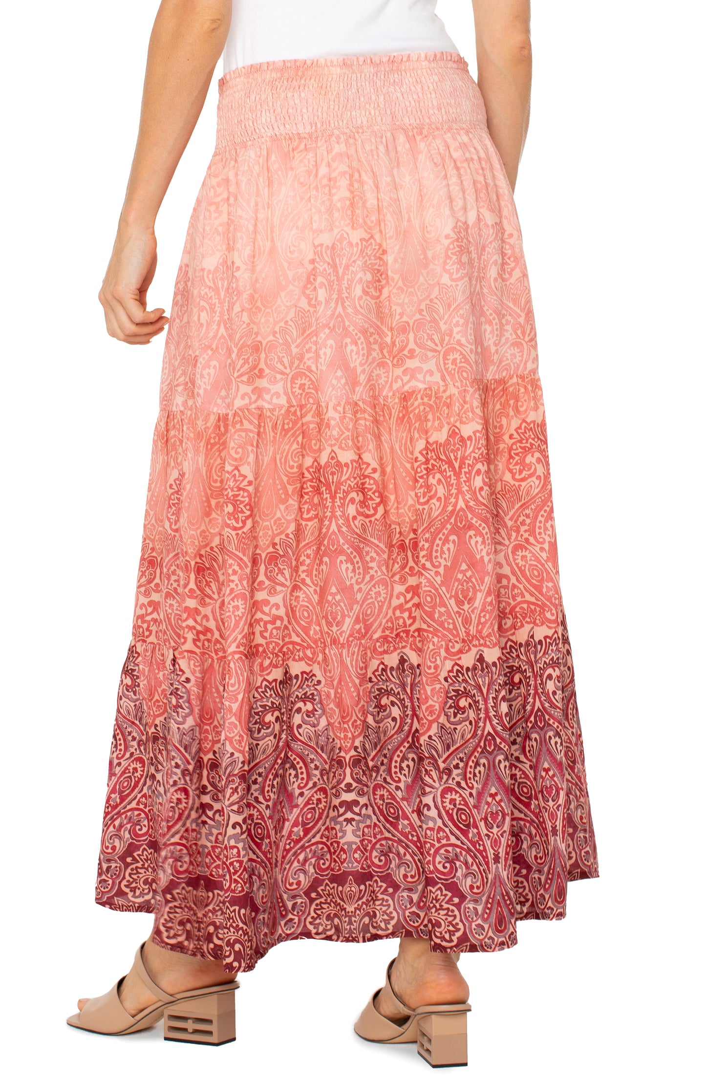 Liverpool Tiered Woven Maxi Skirt with Smocked Waist (Mauve Ombre Paisley)