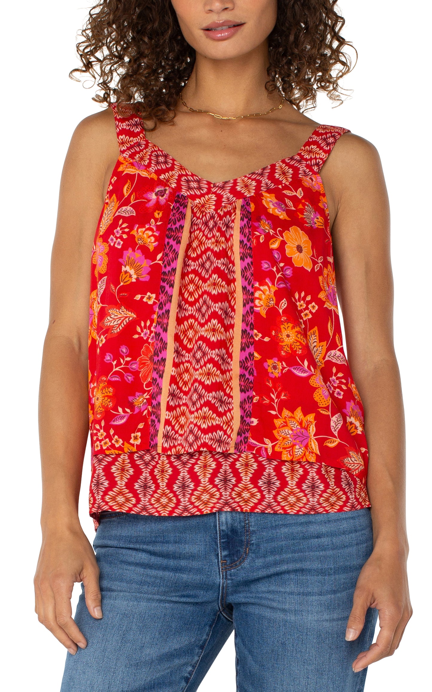 Liverpool Sleeveless V Neck Woven Tank with Smocking (Red Orange Floral)