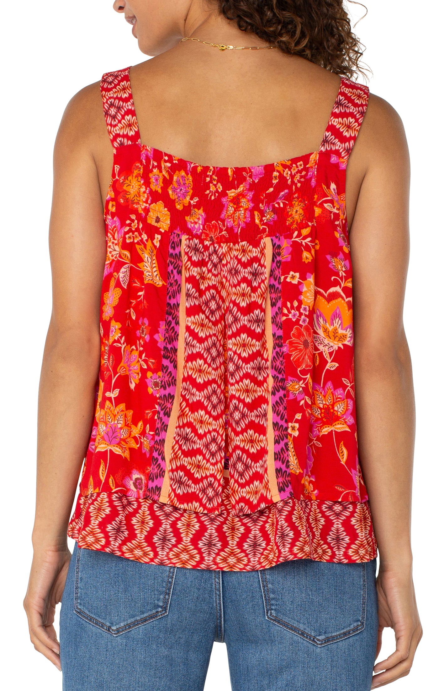 Liverpool Sleeveless V Neck Woven Tank with Smocking (Red Orange Floral)