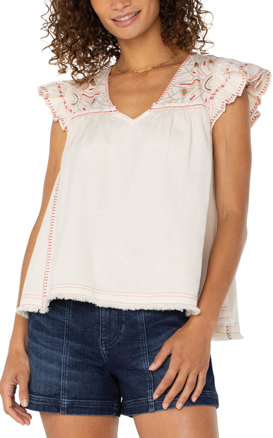 Liverpool Flutter Sleeve V Neck Woven Brouse with Embroidery (Bone)