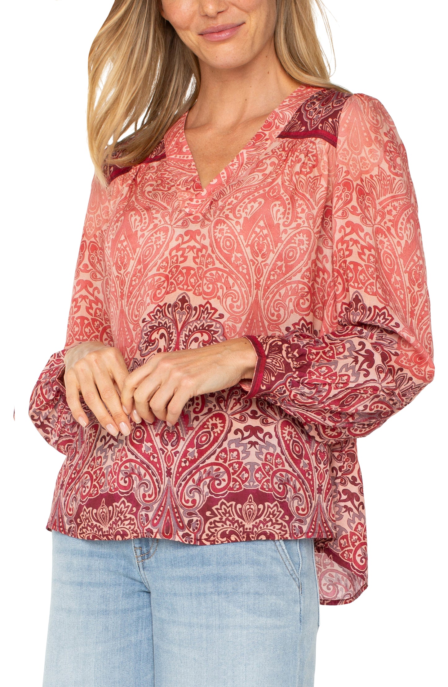 Liverpool Long Sleeve V-Neck Popover Woven Blouse (Mauve Ombre Paisley)