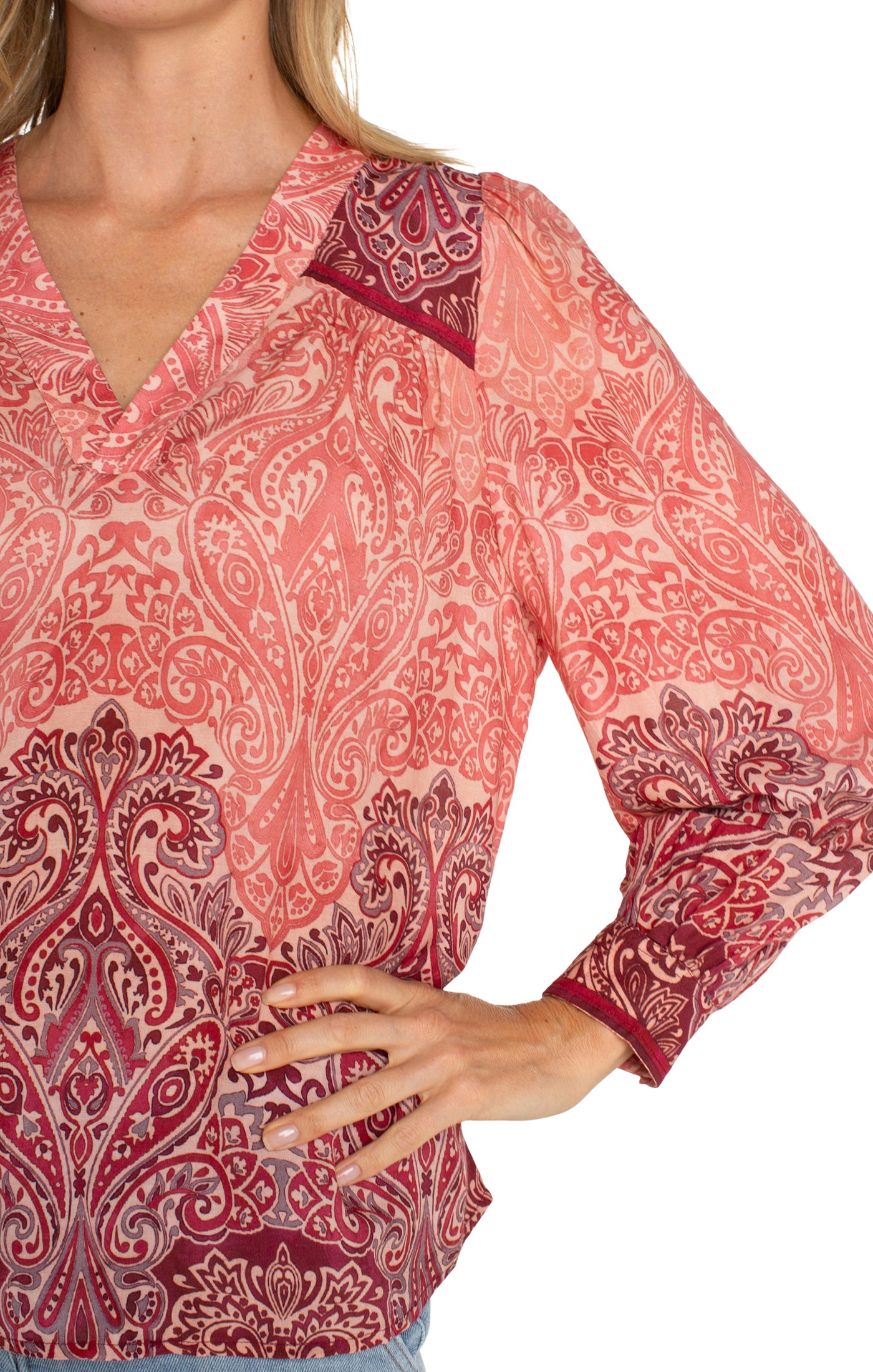 Liverpool Long Sleeve V-Neck Popover Woven Blouse (Mauve Ombre Paisley)