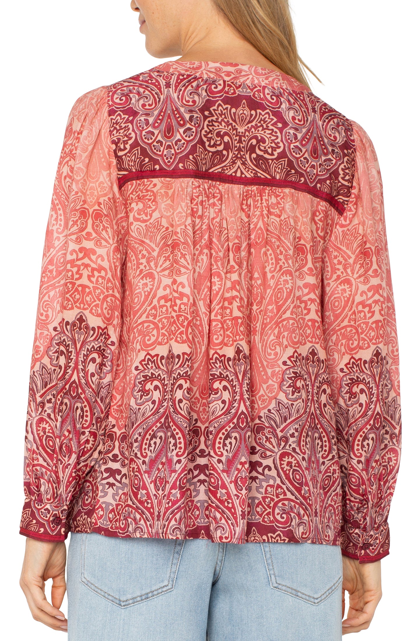 Liverpool Long Sleeve V-Neck Popover Woven Blouse (Mauve Ombre Paisley)