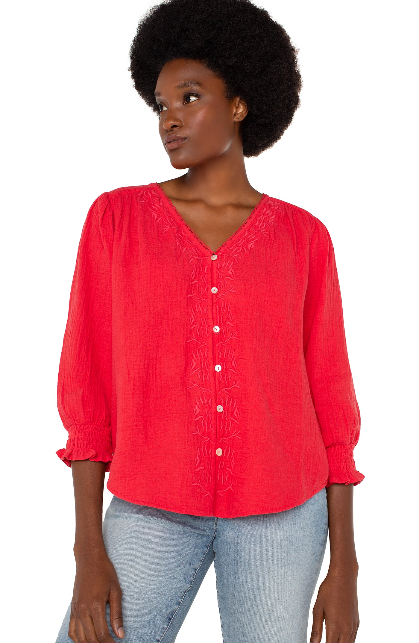 Liverpool 3/4 Sleeve Embroidered Woven Blouse (Geranium)