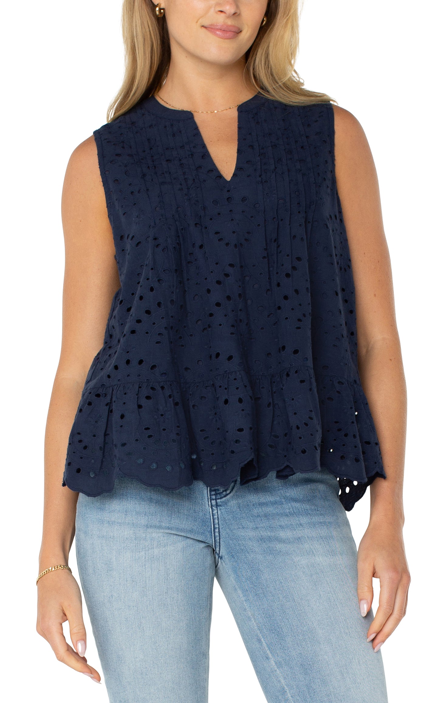 Liverpool Sleeveless Pintuck Woven Top (Navy)