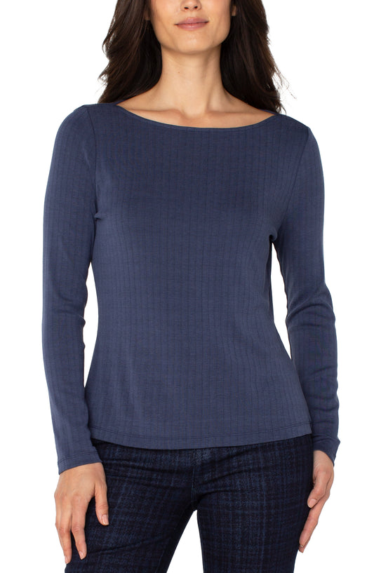 Liverpool Long Sleeve Boat Neck Knit Top (Washed Navy)