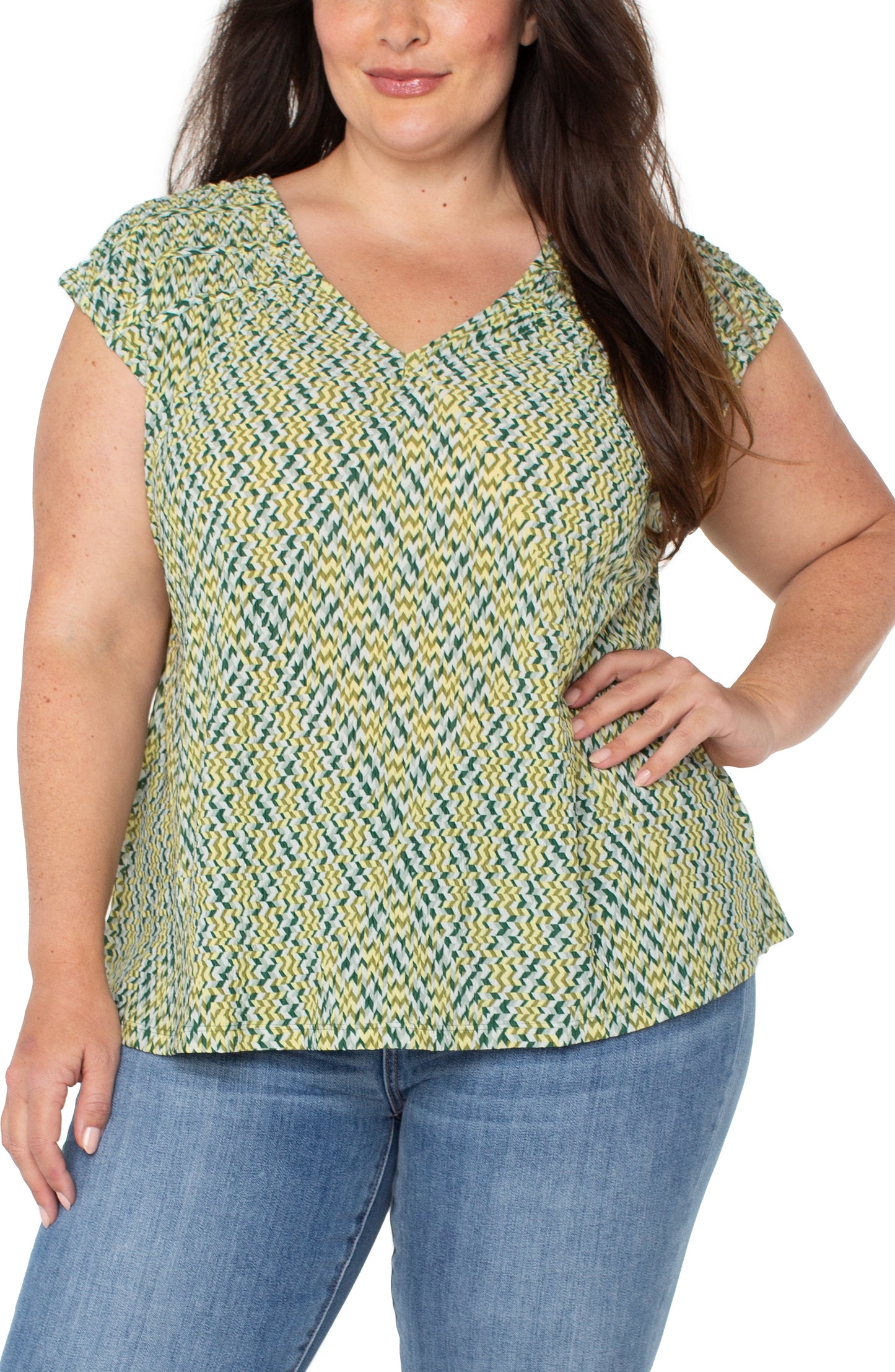Liverpool Short Sleeve Dolman Tie Back Knit Top (Plus Size) (Green Mint Chevron)