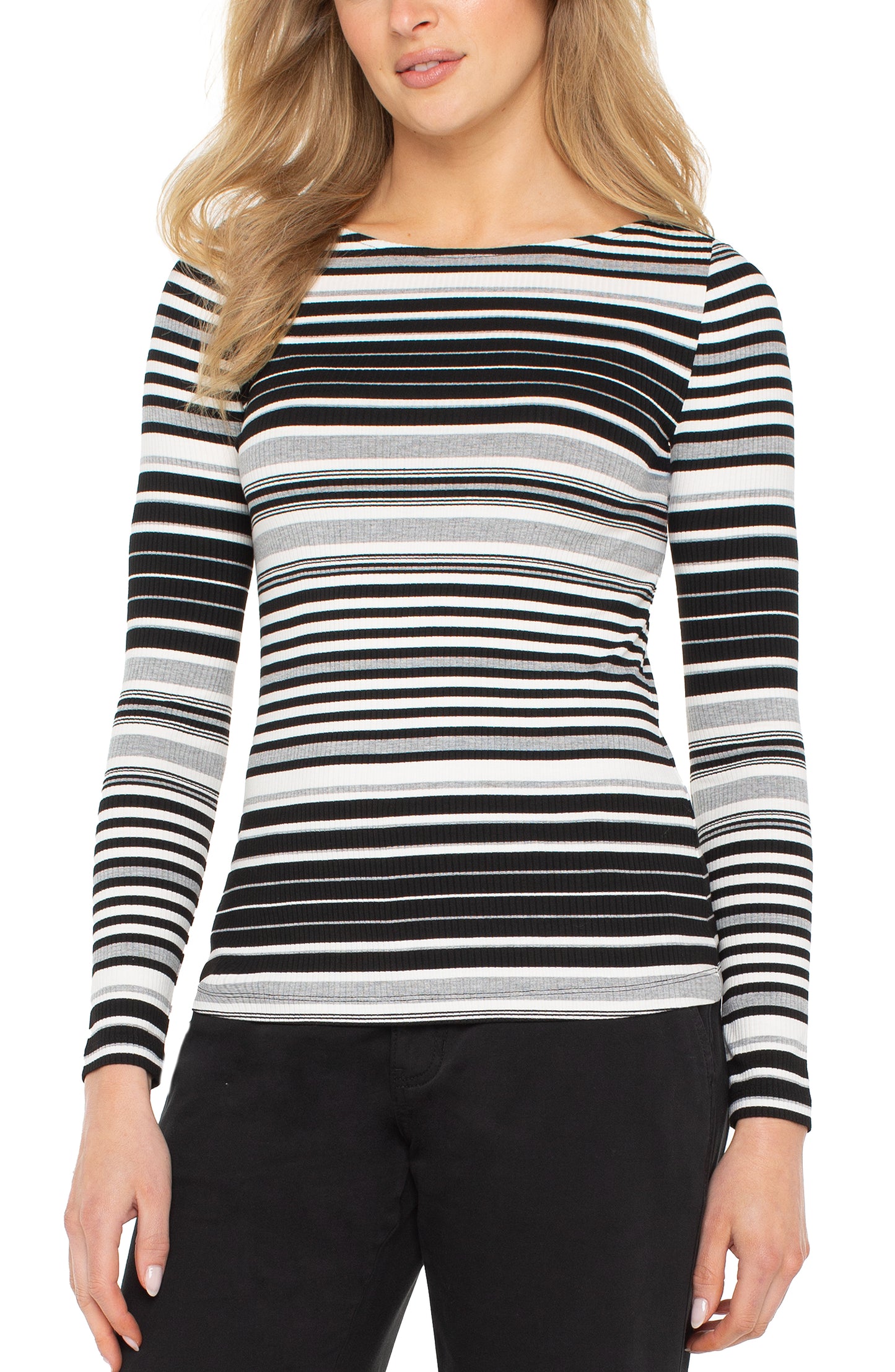 Liverpool Long Sleeve Boat Neck Knit Top (Black/White Stripe)