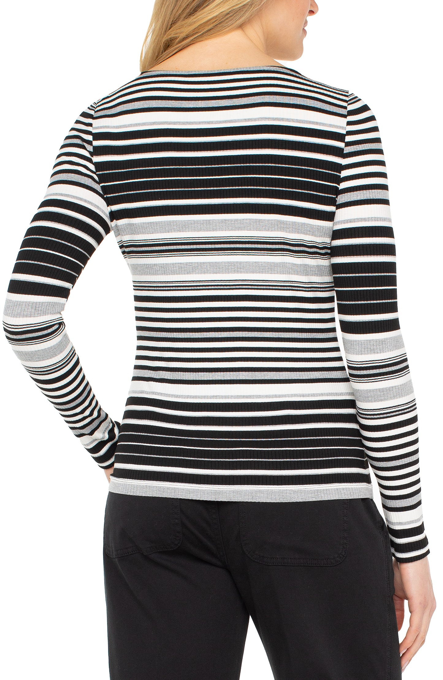 Liverpool Long Sleeve Boat Neck Knit Top (Black/White Stripe)