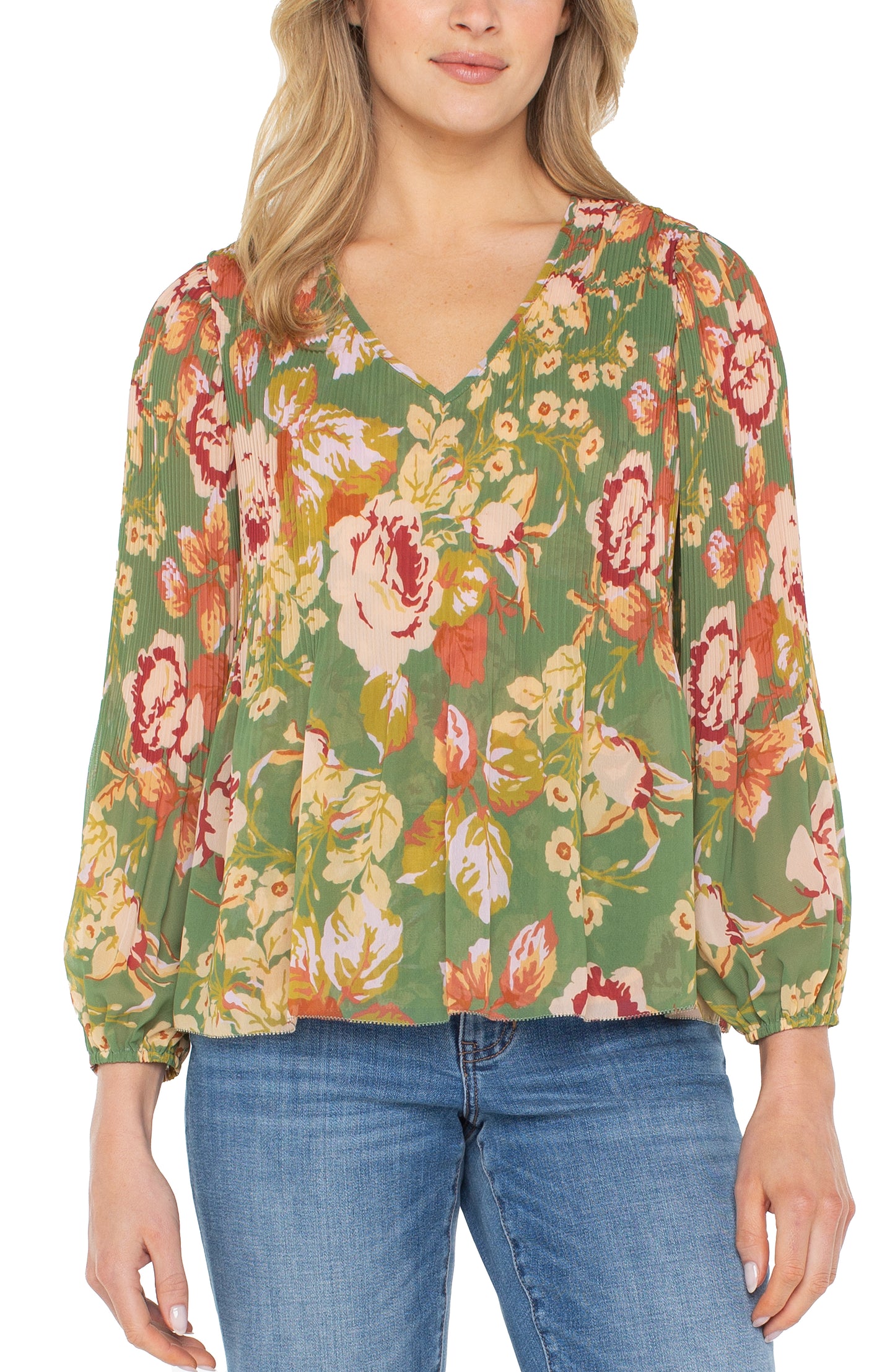 Liverpool Long Sleeve V-neck Pleated Top (Green Multi Floral)