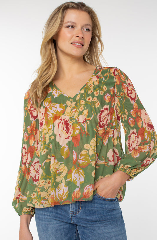 Liverpool Long Sleeve V-neck Pleated Top (Green Multi Floral)