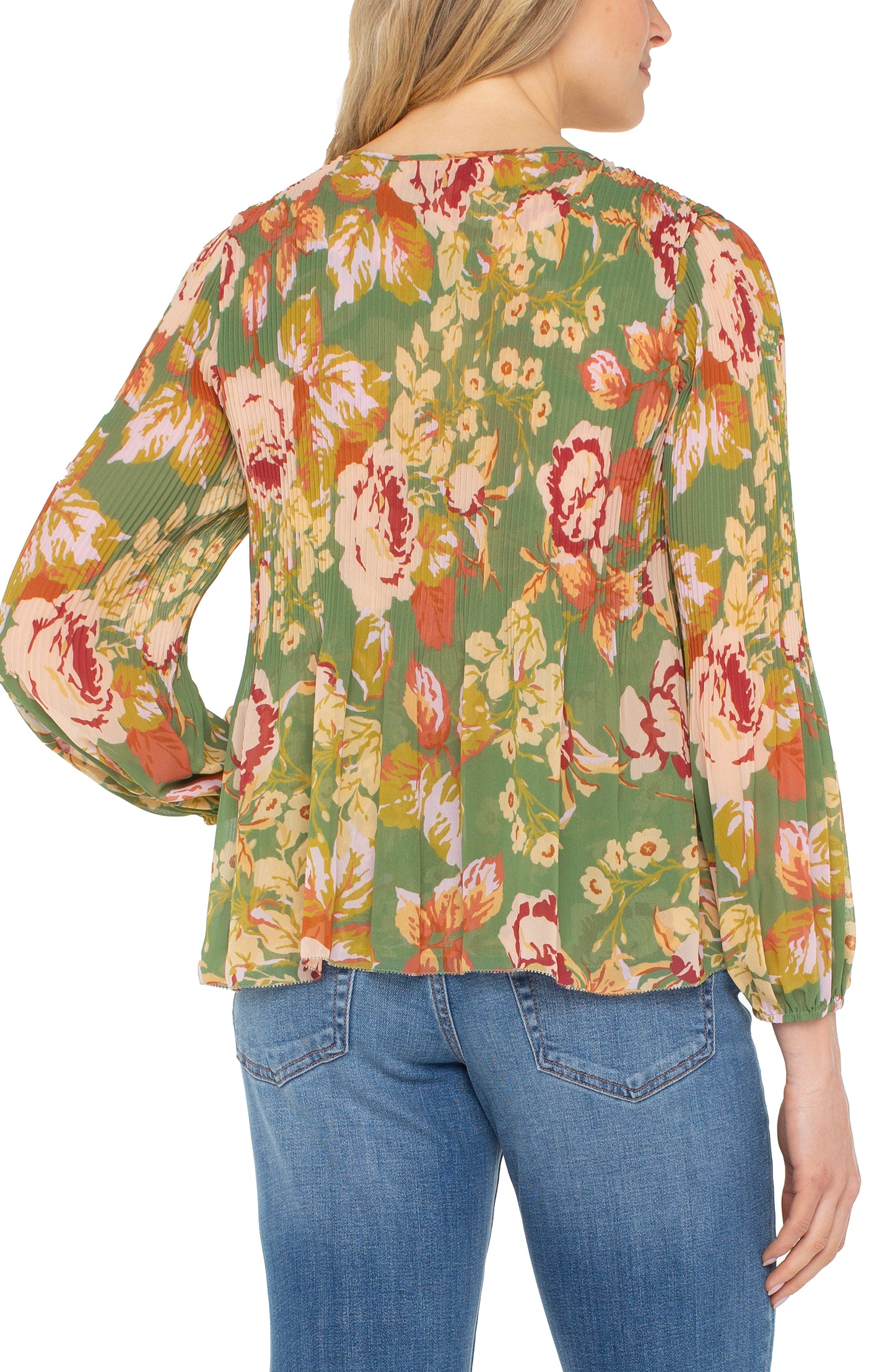 Liverpool Long Sleeve V-neck Pleated Top (Green Multi Floral)