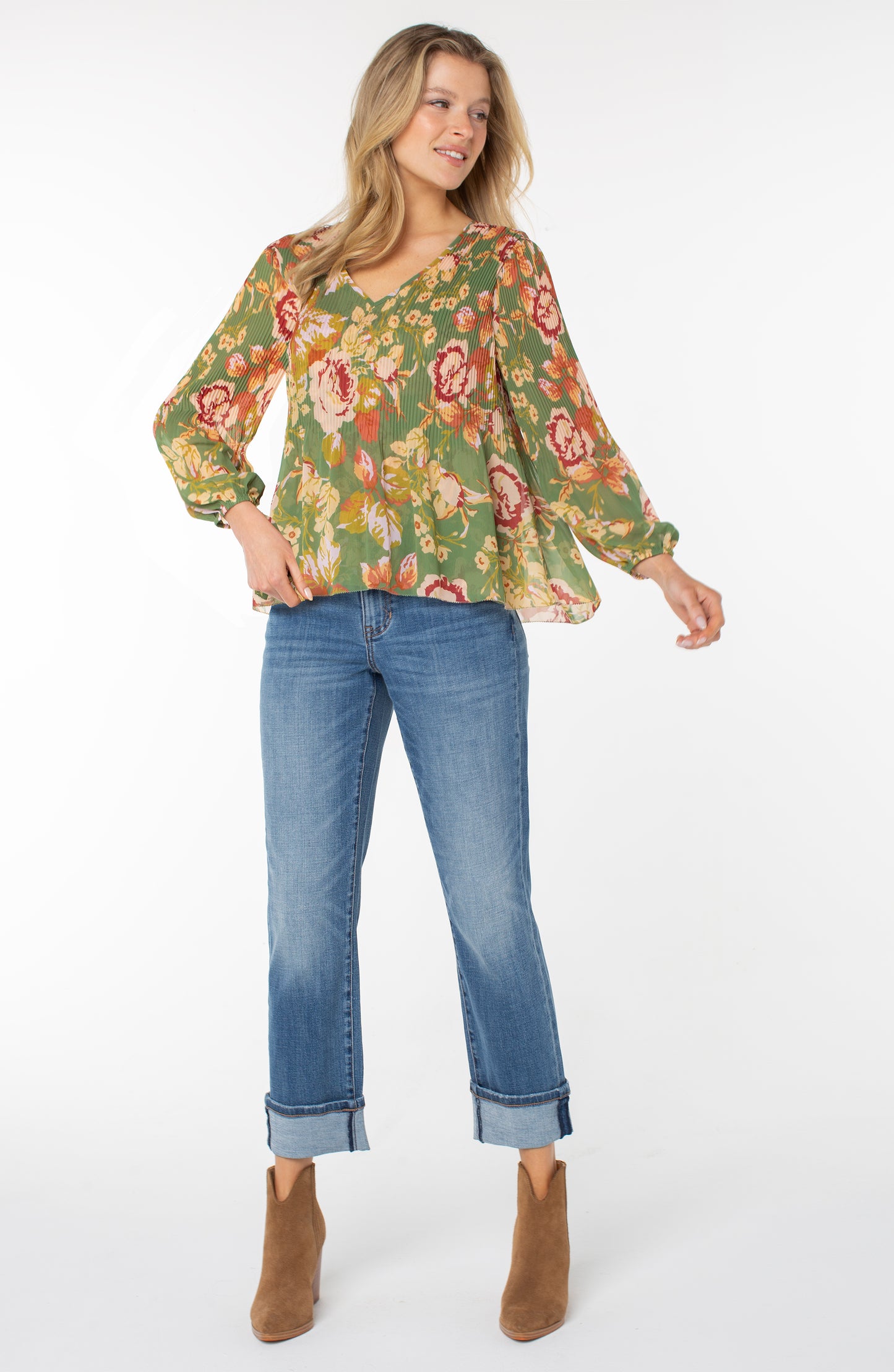 Liverpool Long Sleeve V-neck Pleated Top (Green Multi Floral)