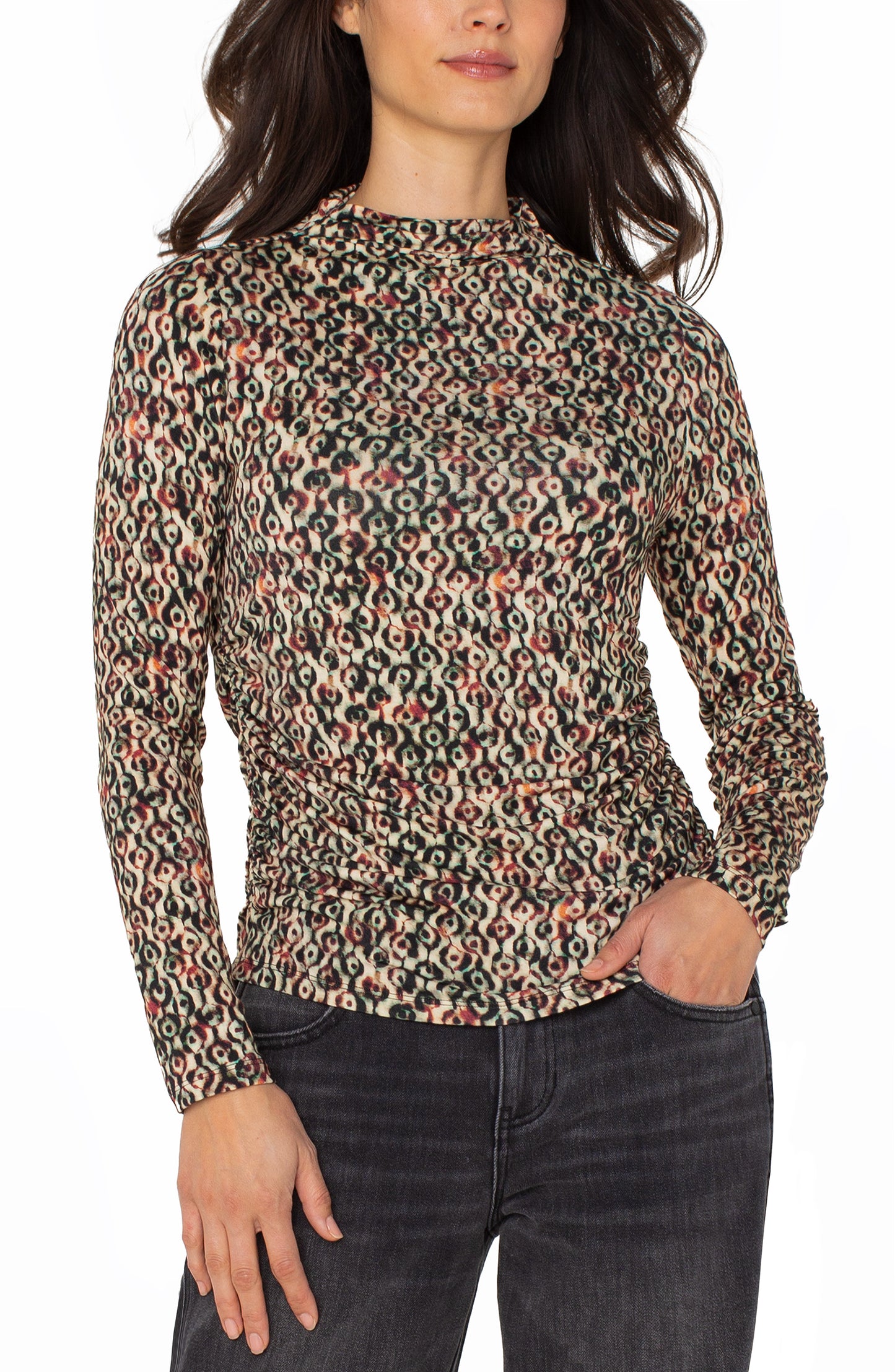 Liverpool Long Sleeve Pleated Mock Neck Knit Top with Shirring (Multi Geo Ikat)