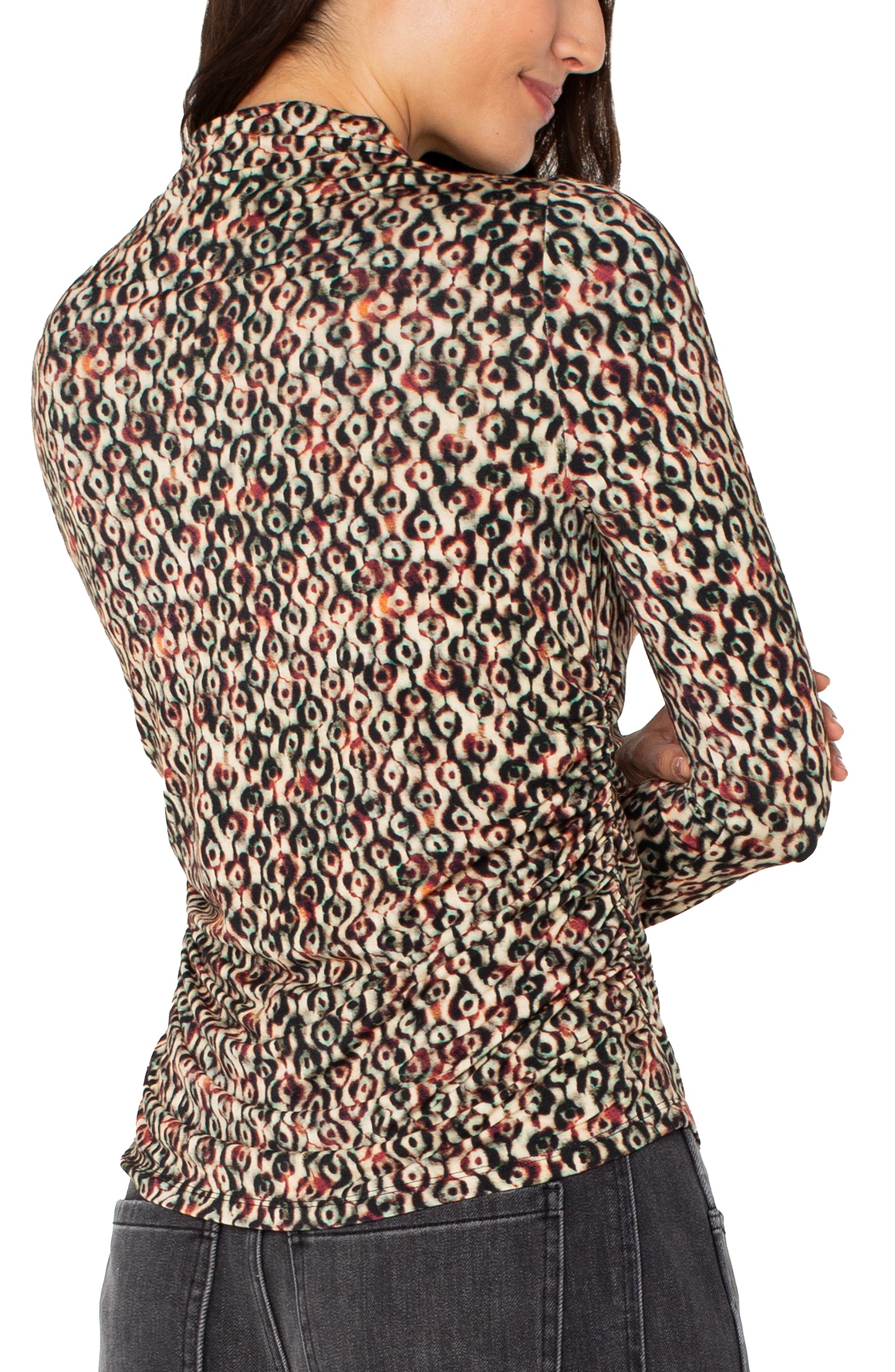 Liverpool Long Sleeve Pleated Mock Neck Knit Top with Shirring (Multi Geo Ikat)