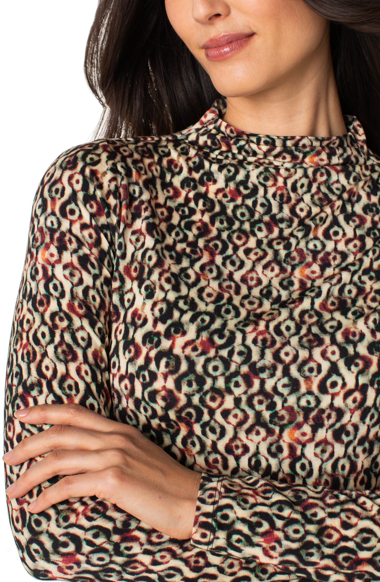 Liverpool Long Sleeve Pleated Mock Neck Knit Top with Shirring (Multi Geo Ikat)