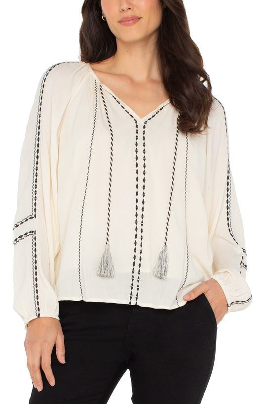 Liverpool Long Sleeve Woven Raglan Blouse with Embroidery (Alabaster with Black Embroidery)