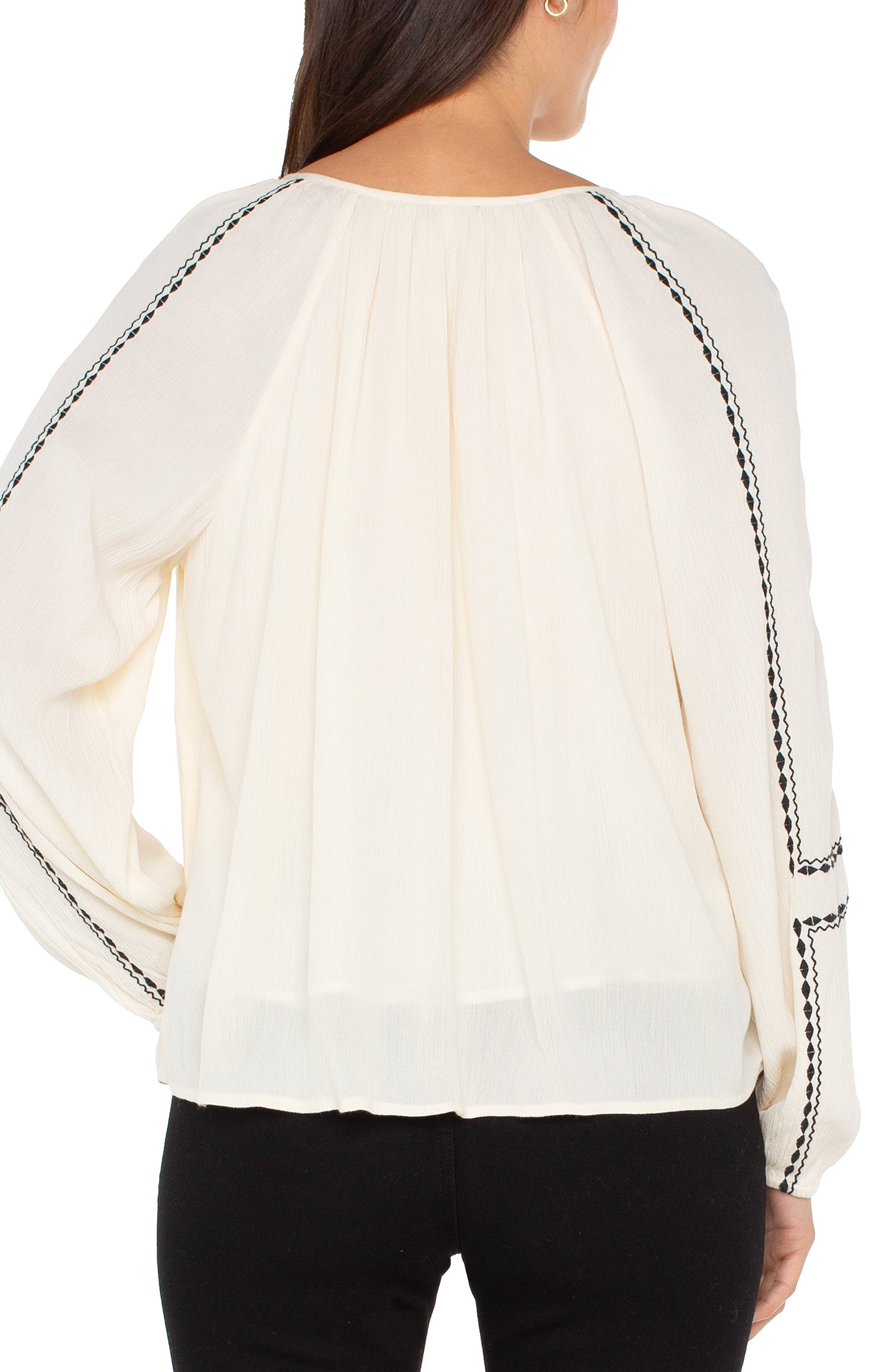 Liverpool Long Sleeve Woven Raglan Blouse with Embroidery (Alabaster with Black Embroidery)
