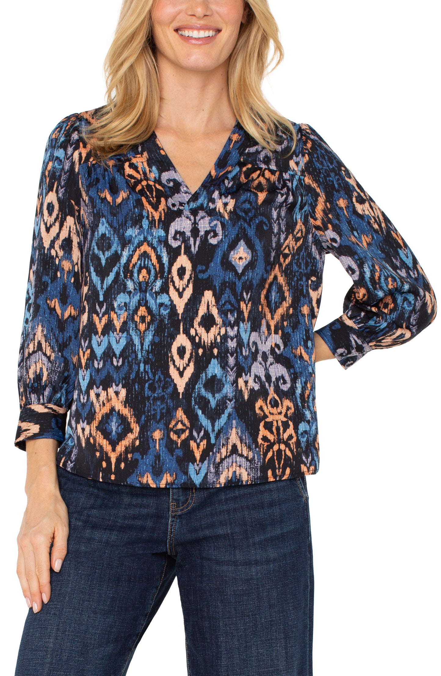 Liverpool 3/4 Sleeve V-neck Popover Woven Blouse (Blue Multi Ikat)