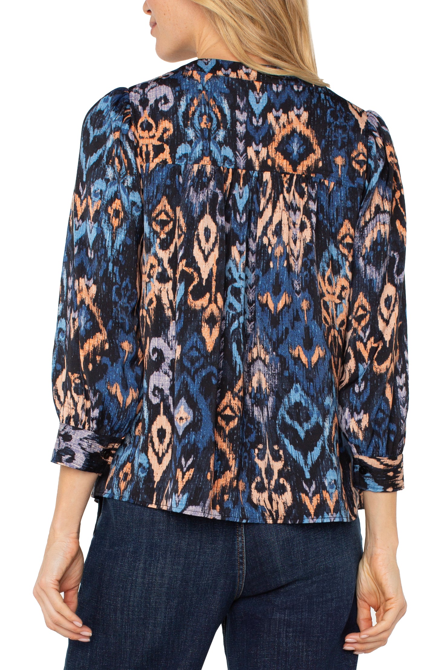 Liverpool 3/4 Sleeve V-neck Popover Woven Blouse (Blue Multi Ikat)
