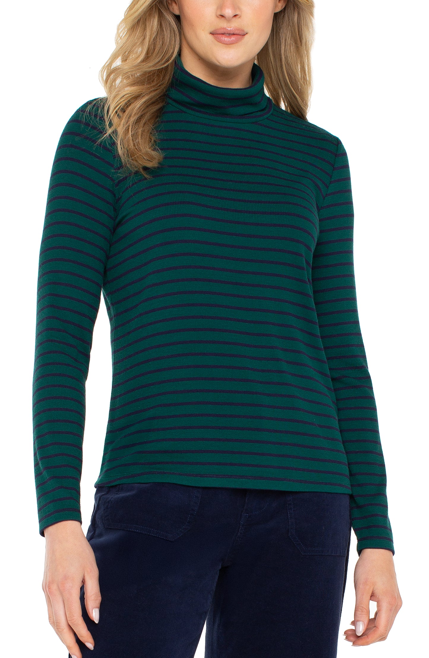 Liverpool Long Sleeve Turtleneck Knit Top (Emerald Navy Stripe)