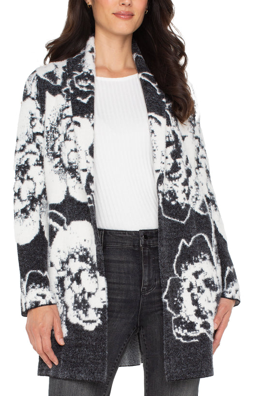 Liverpool Long Sleeve Open Front Shawl Sweater Coat (Black White Floral)