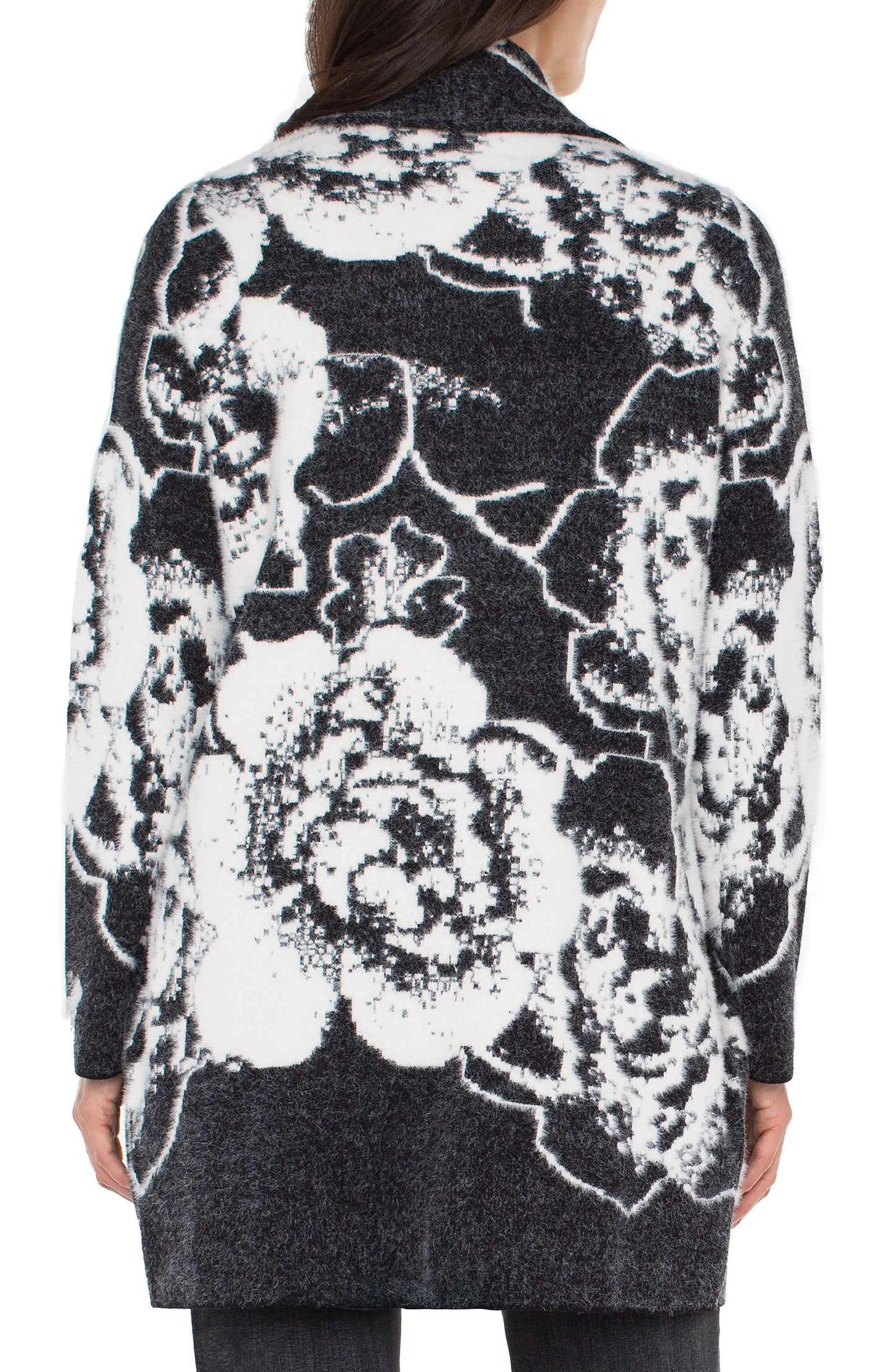 Liverpool Long Sleeve Open Front Shawl Sweater Coat (Black White Floral)