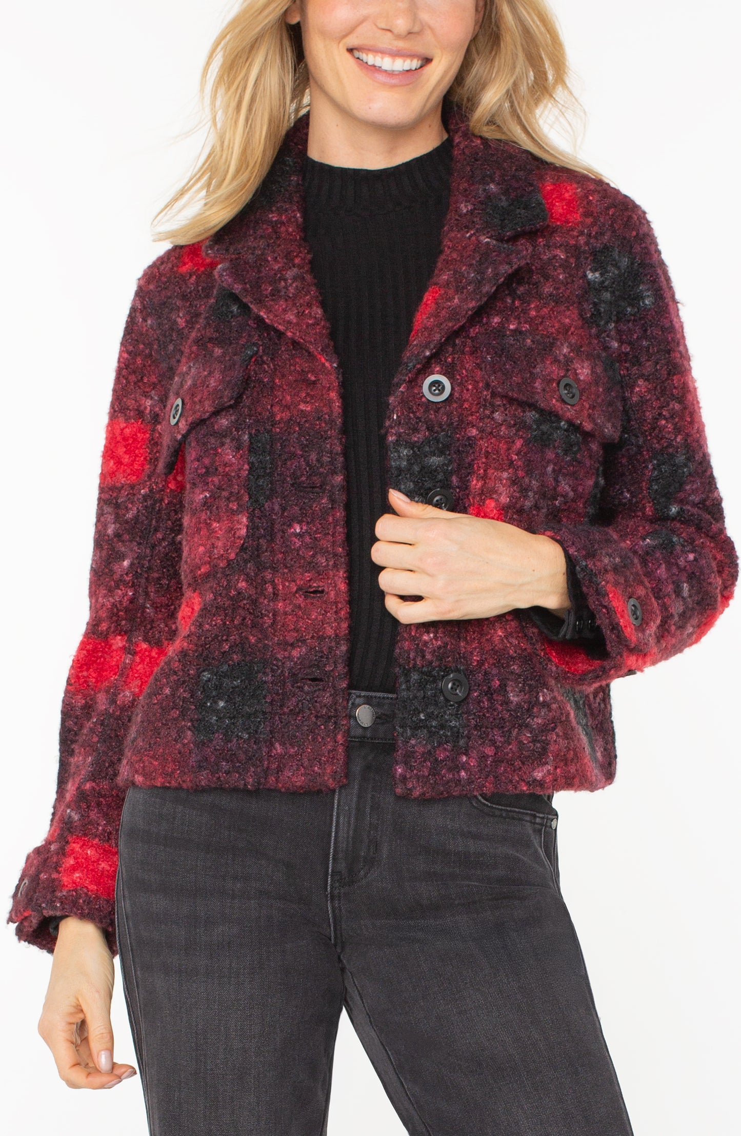 Liverpool Button Front Boxy Shacket (Red Black Buffalo Check)