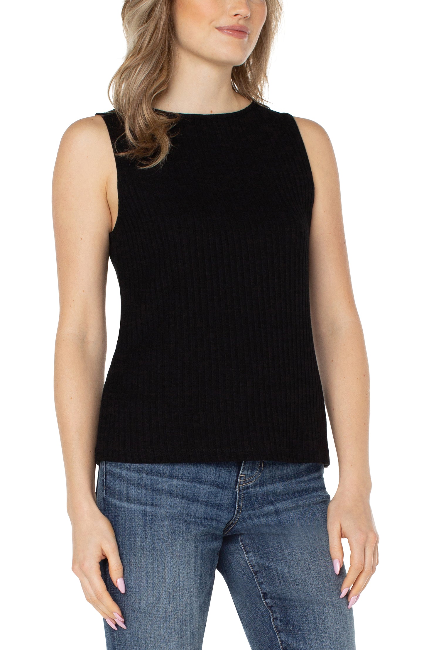 Liverpool Sleeveless Boat Neck Rib Knit Top (Black)