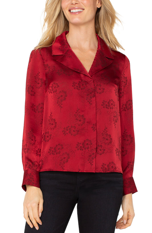 Liverpool Long Sleeve Woven Top with Hidden Placket (Dark Red Floral)